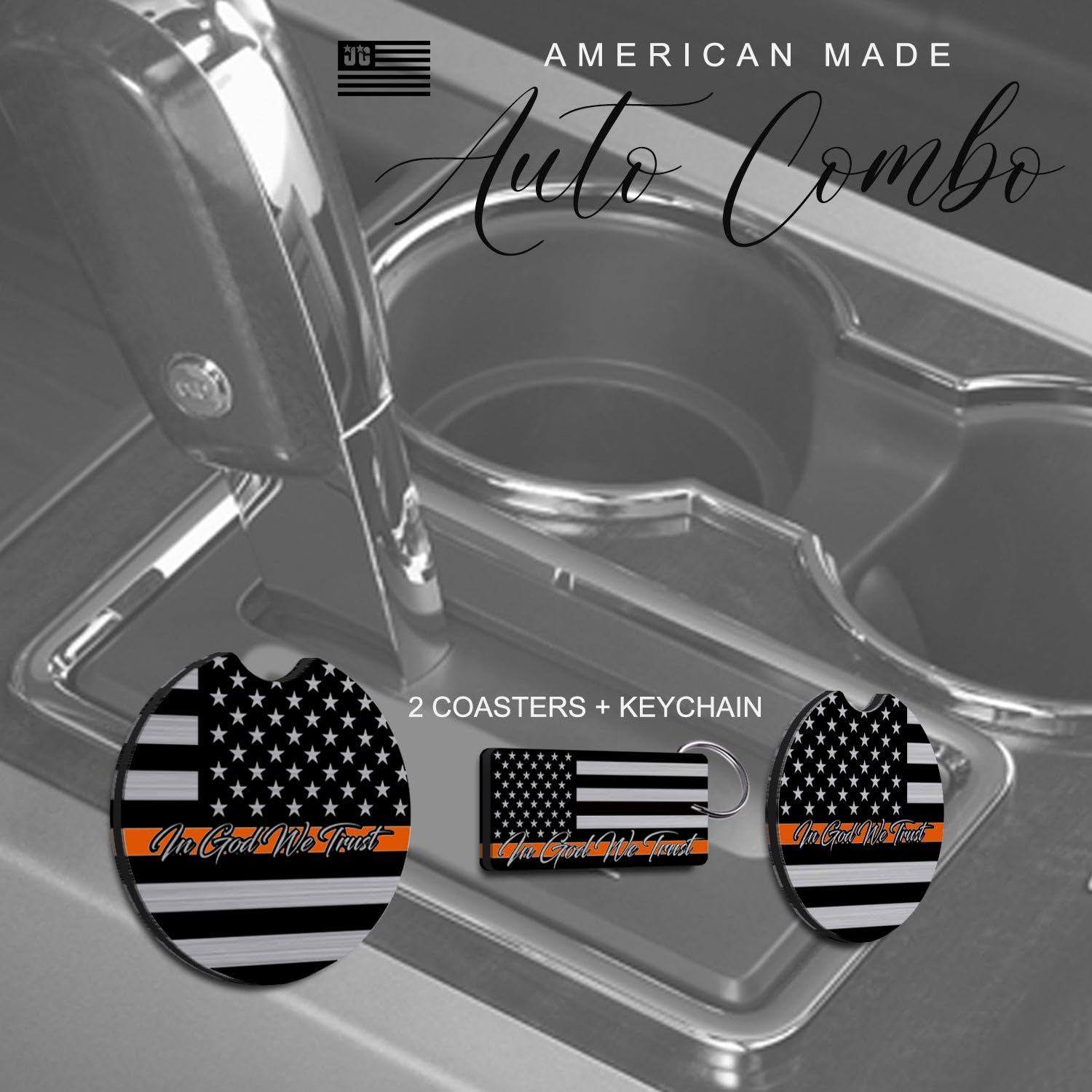 American Flag In God We Trust License Plate Frame + Orange Line Coasters + Keychain - Perfect For God And Country Lovers - Tacti