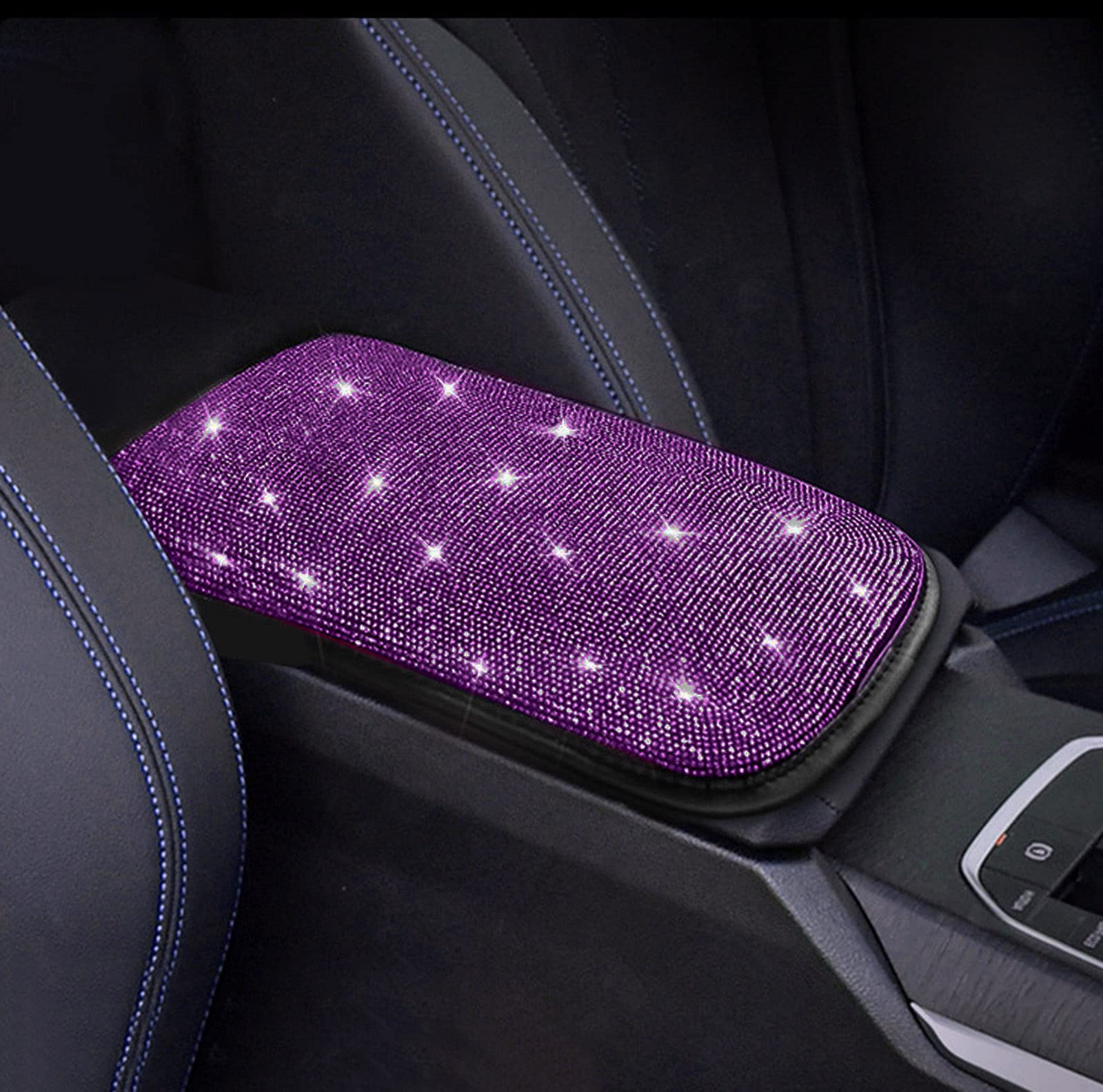 Funojoy Purple Car Accessories For Women Girls Diamond Rhinestone Car Armrest Cover Bling Car Center Console Cover Car Decor Wom