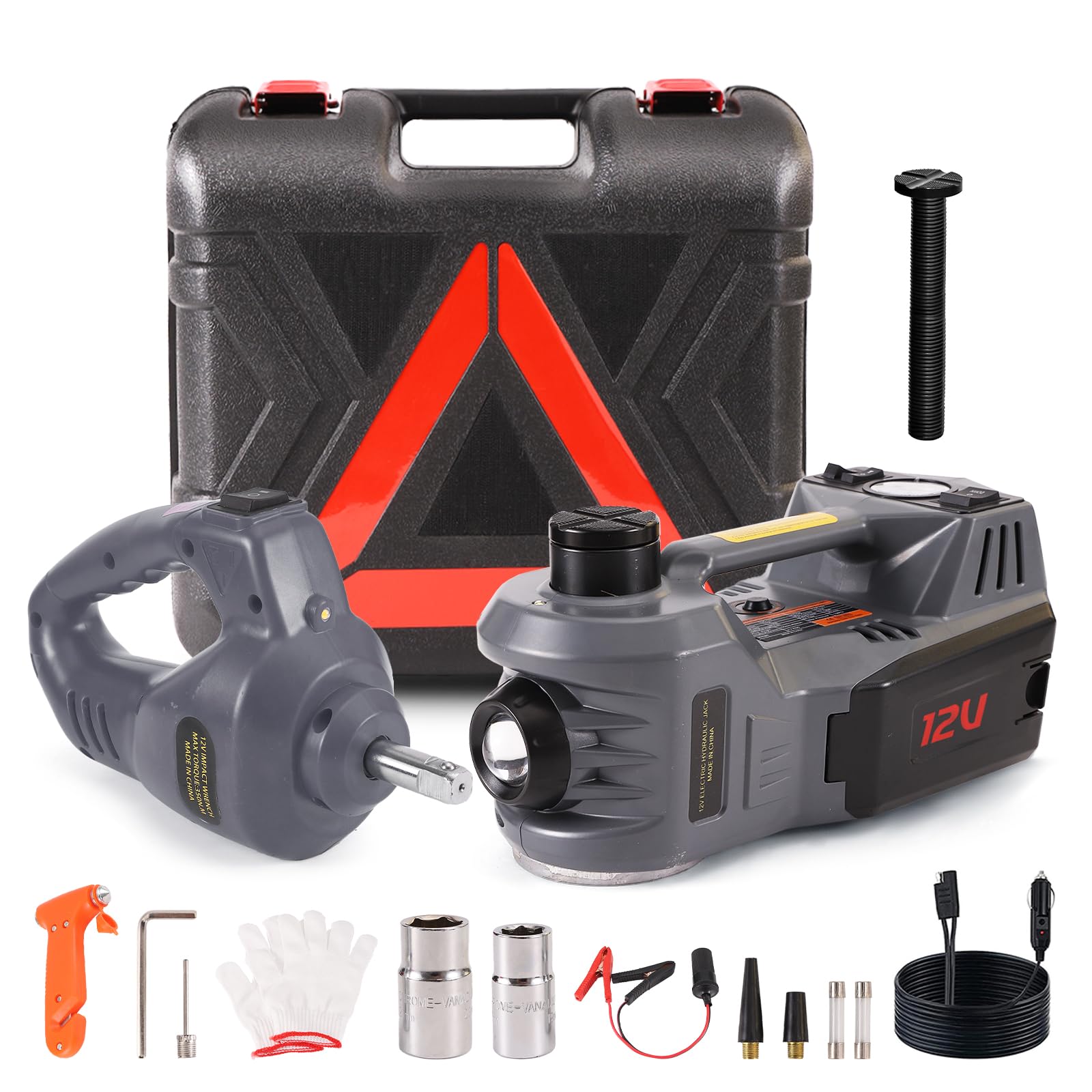 EFFIROSO Portable 5 Ton 12V Electric Car Jack Kit Hydraulic Floor Jack with Impact Wrench Tire Inflator Pump for Vehicle Emergen