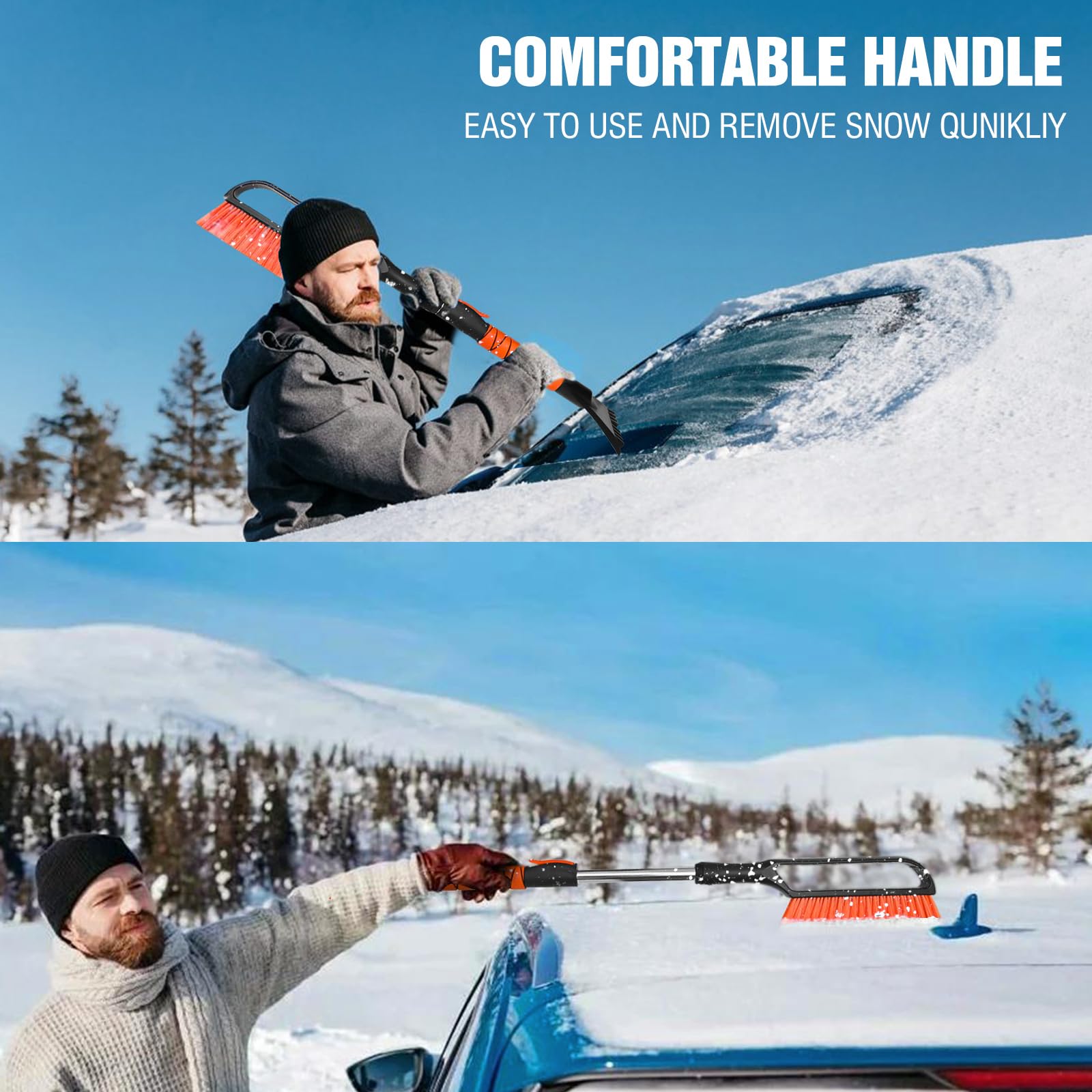 YeewayVeh 35" Ice Scraper & Snow Brush, Extendable with Foam Grip, Detachable, Scratch-Free, Orange, Model YW-P00007