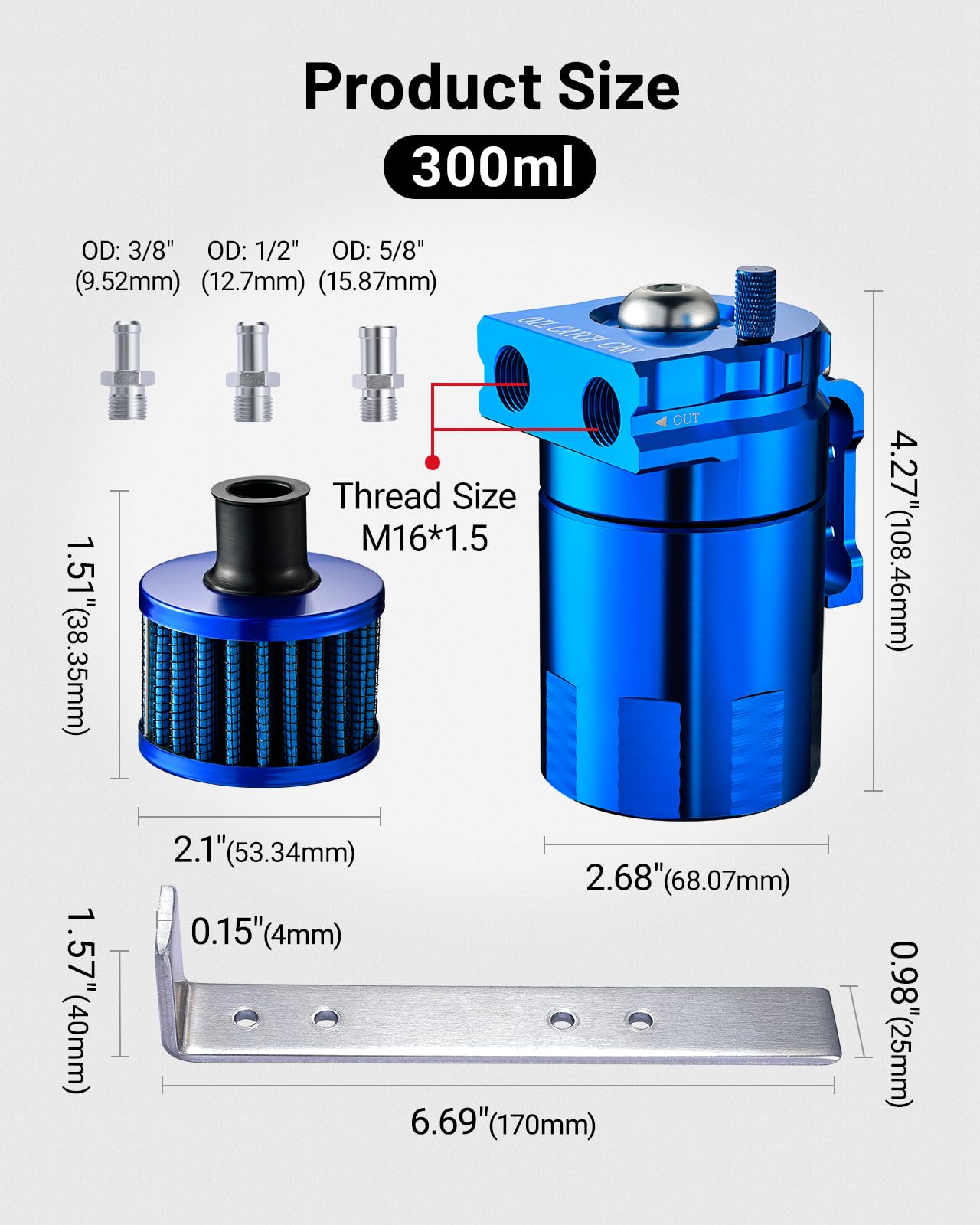 EVIL ENERGY 300ML Oil Catch Can with Breather Filter, Universal Aluminum Separator, 5ft NBR Hose, Blue, Model EVFS23-00037BL-001
