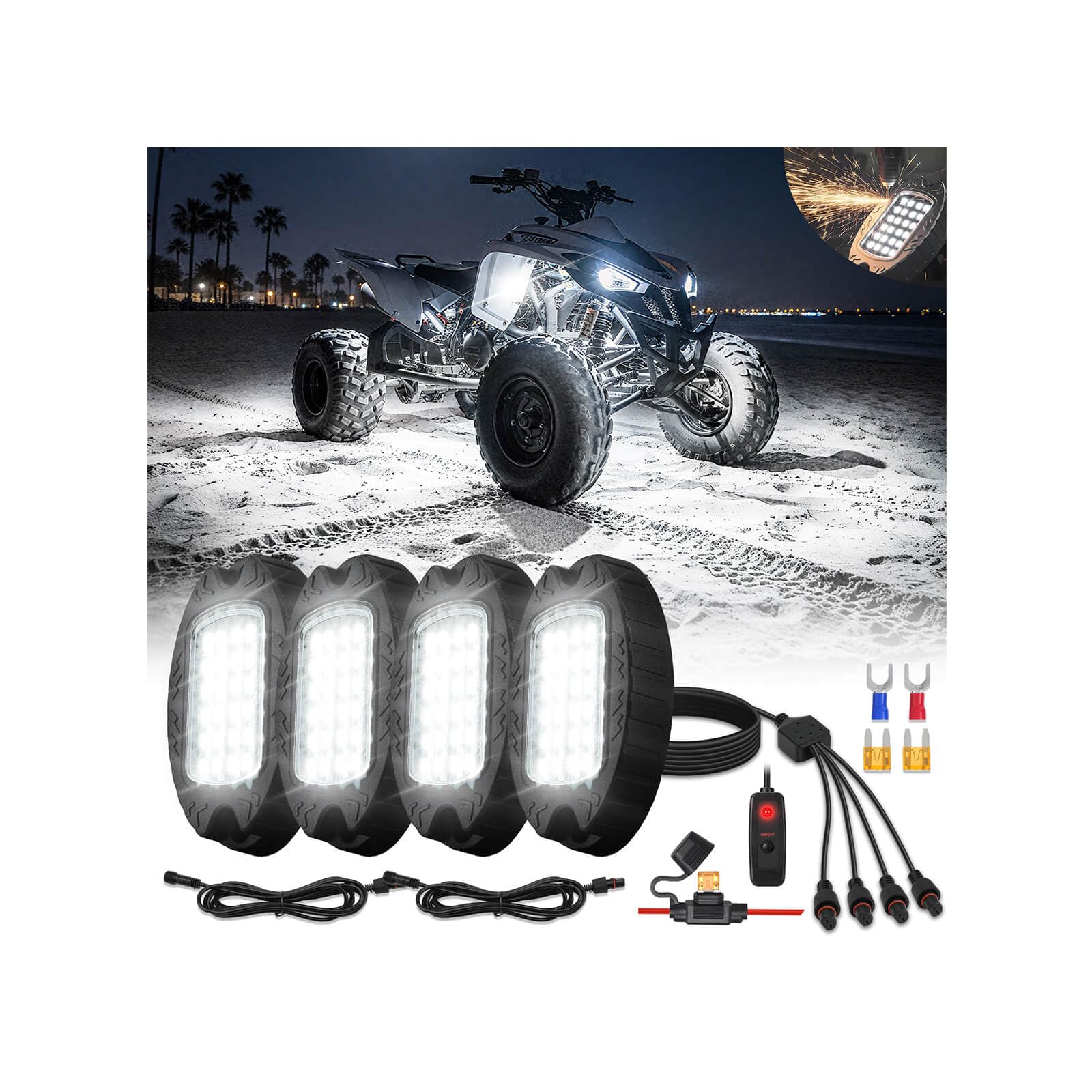 4Pods Metal All Pure White LED Rock Lights Full Kit Plug and Play&Pre Wired 6500K with Switch Wiring Harness Extension Fuse, 96C