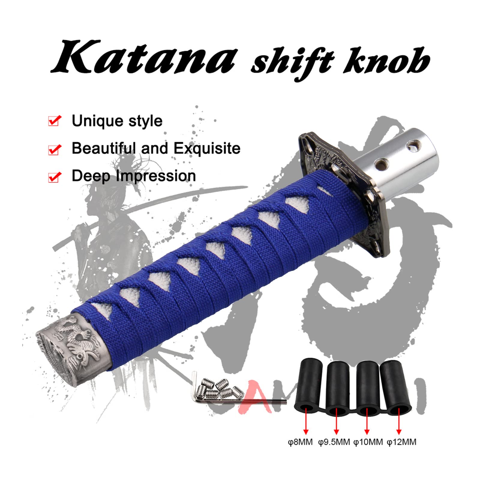 RYANSTAR Gear Shift Knob - Katana Style, Universal Fit for Manual & Most Automatic Cars, Silk Material, Blue & White