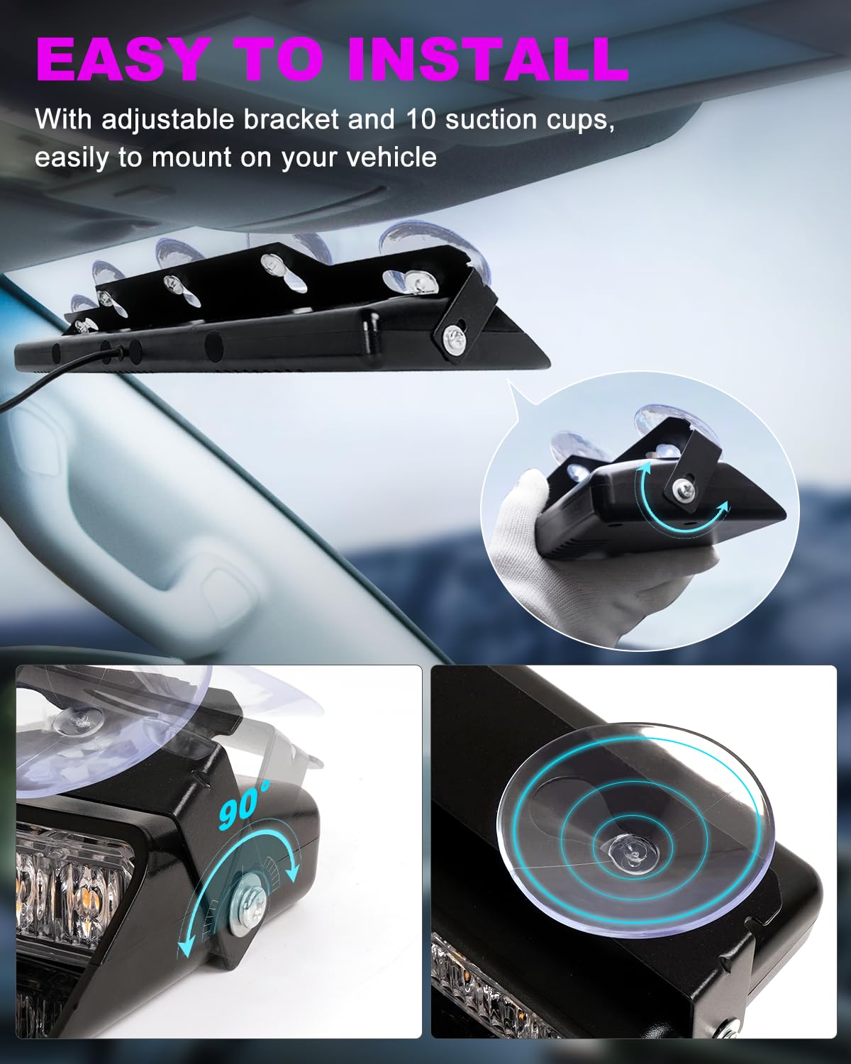 HLauto Emergency Dash Strobe Lights - 48 LED, 2x16.8" Purple/White, CA-6Z4J, ABS Case & Aluminum Bracket for Trucks & Construction Vehicles