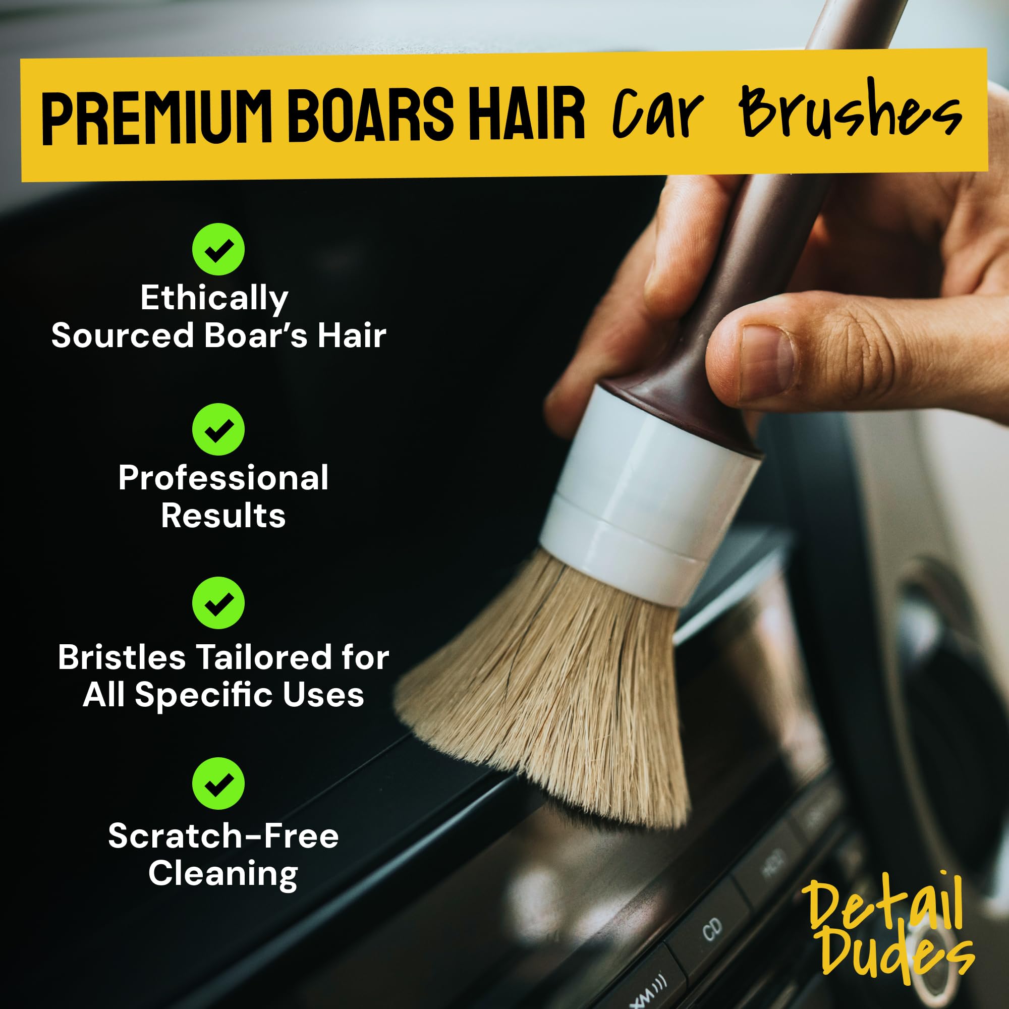 Detail Dudes Soft Boar Hair Car Detailing Brush Set - 6 Pack - Scratch-Free, Ergonomic, Durable Cleaning Brushes - Brown