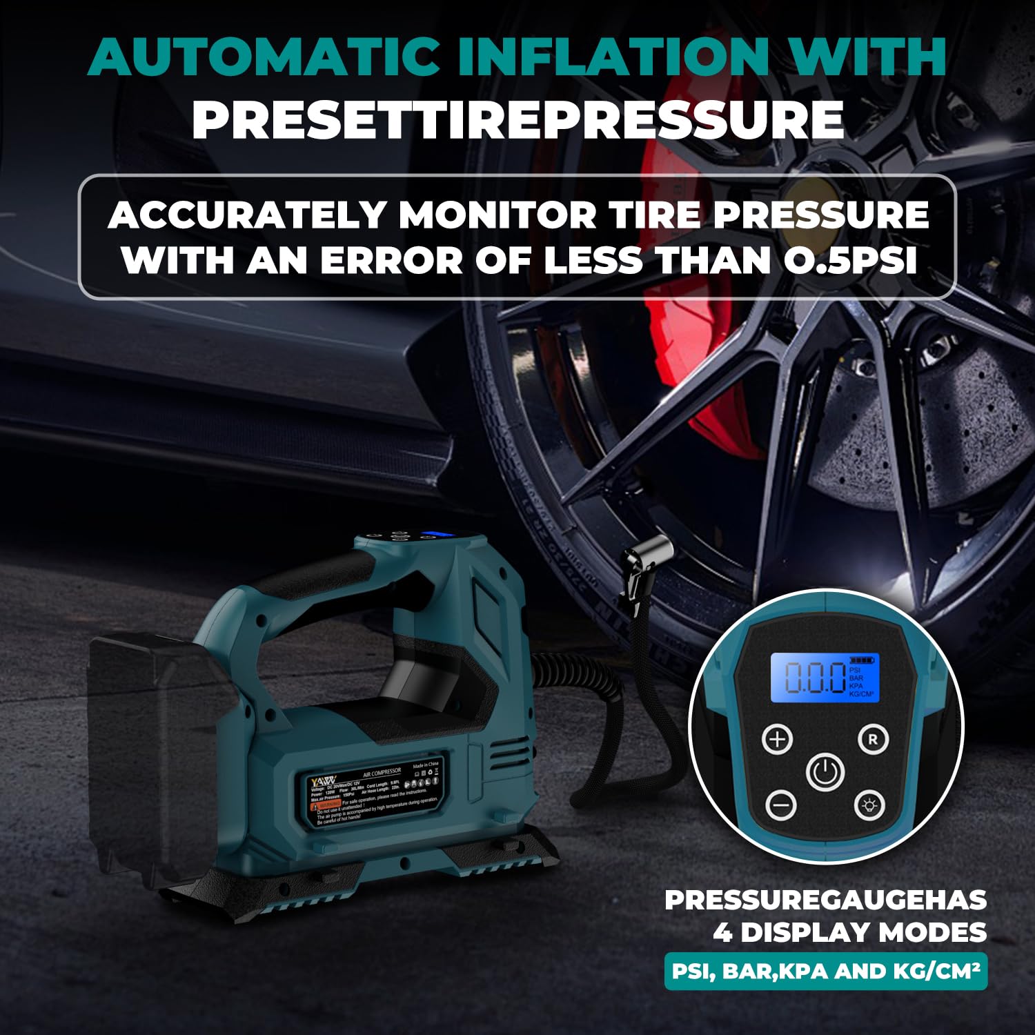 YAWV Cordless Tire Inflator Air Compressor, 160PSI, Handheld, Blue, Model YA-AC-02, LED Light, Digital Pressure Gauge, Battery Not Included