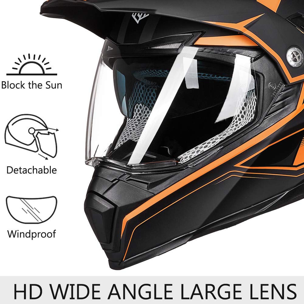 Ilm Off Road Motorcycle Dual Sport Helmet Full Face Sun Visor Dirt Bike Atv Motocross Casco Dot Certified Model 606V(Orange, M)
