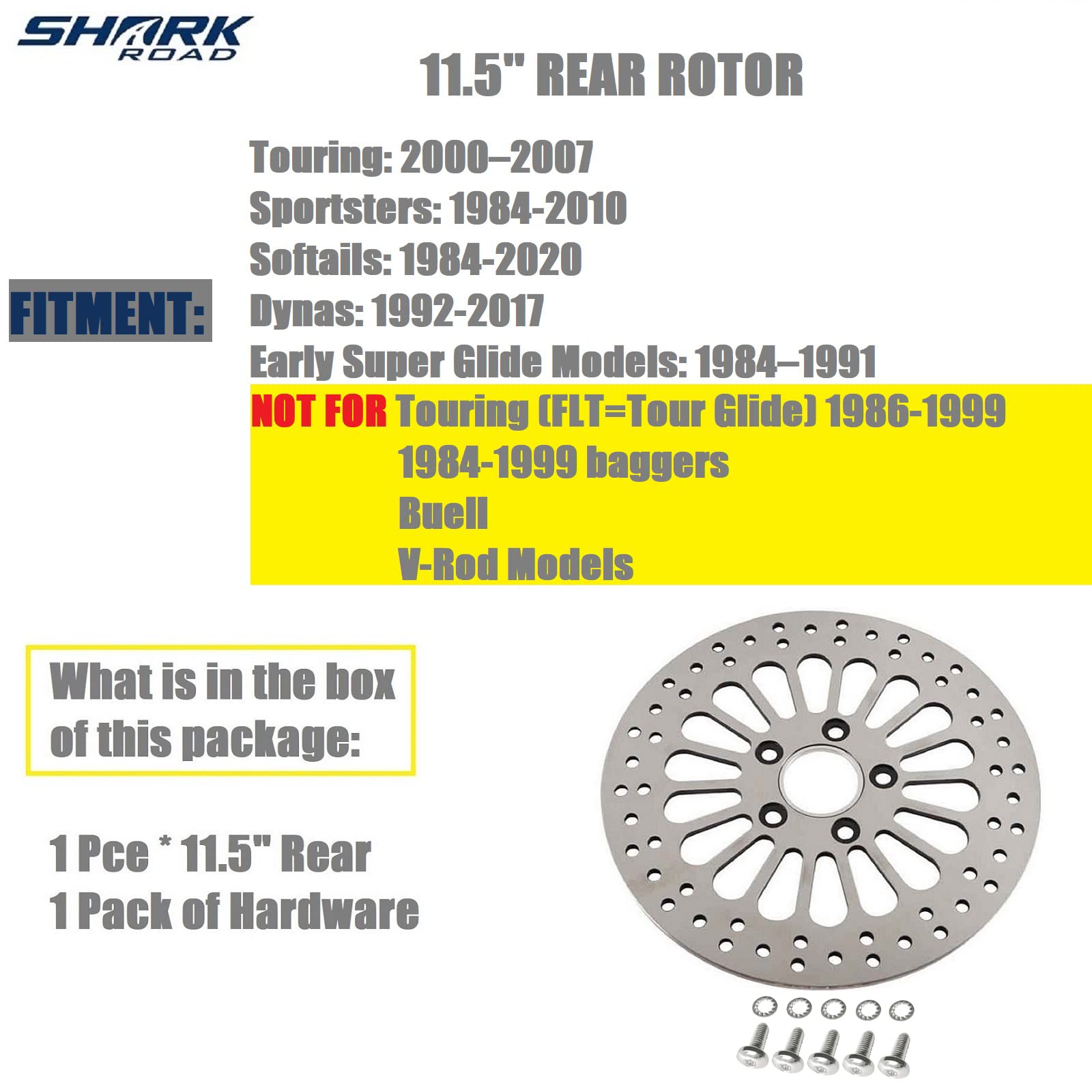 Sharkroad 1 Piece Rear Rotor For Harley Davidson Brake Parts Upgrade, Suit For Touring Sportster Softail Dyna 11.5'' Rear Brake