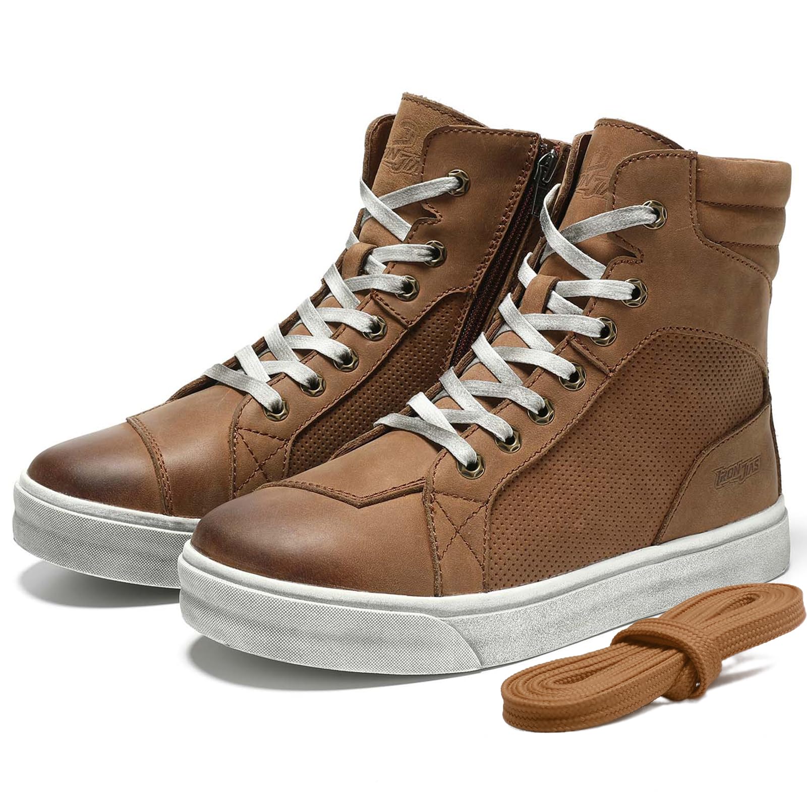 BORLEN Motorcycle Riding Shoes Cowhide Leather Breathable Casual Outdoor Street Motorcycle Boots for Men Brown 10