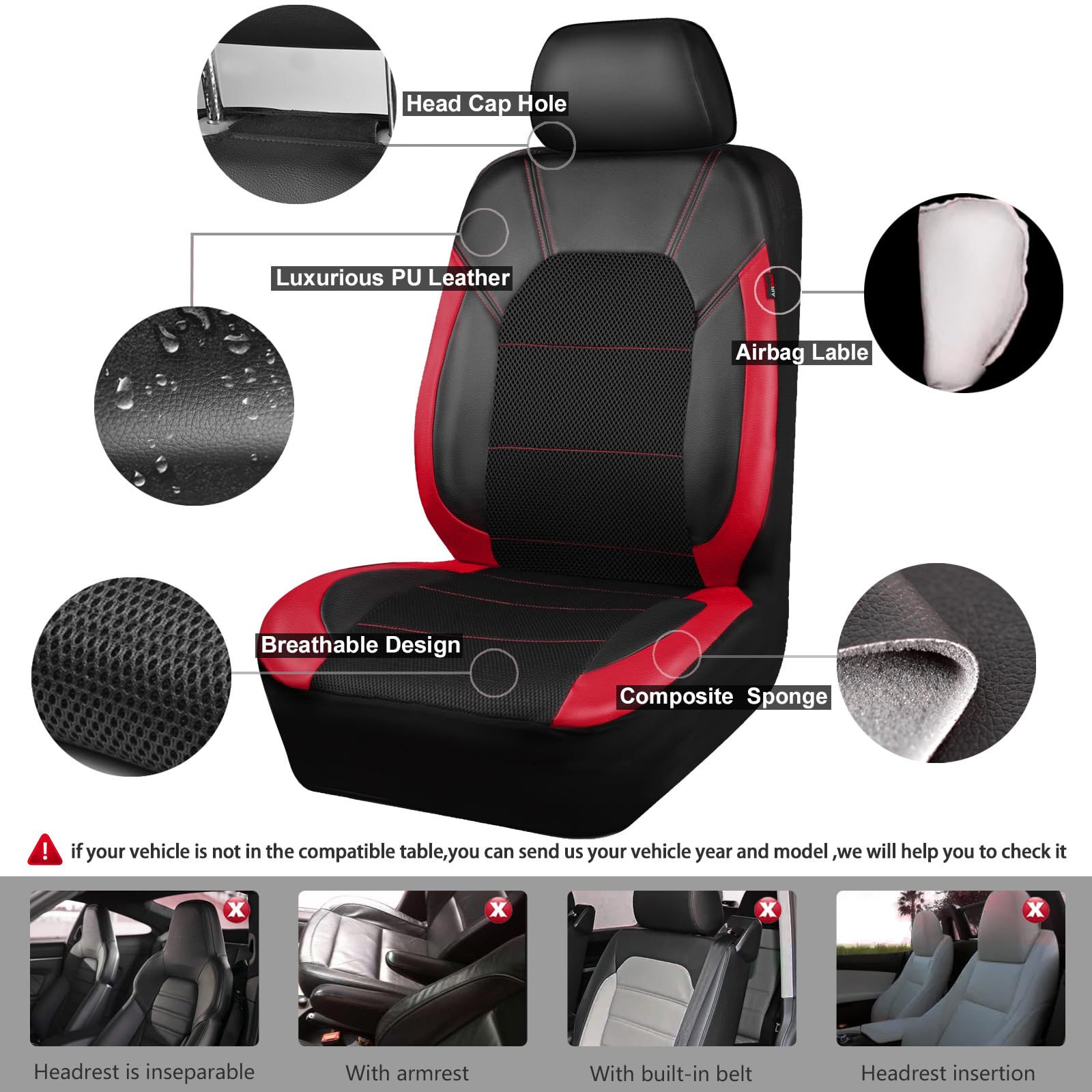CAR PASS Air Mesh Leather Car Seat Covers & Floor Mats, Waterproof, Universal Fit, Black and Red, Model FX067+JD067+121L2-RDZJ