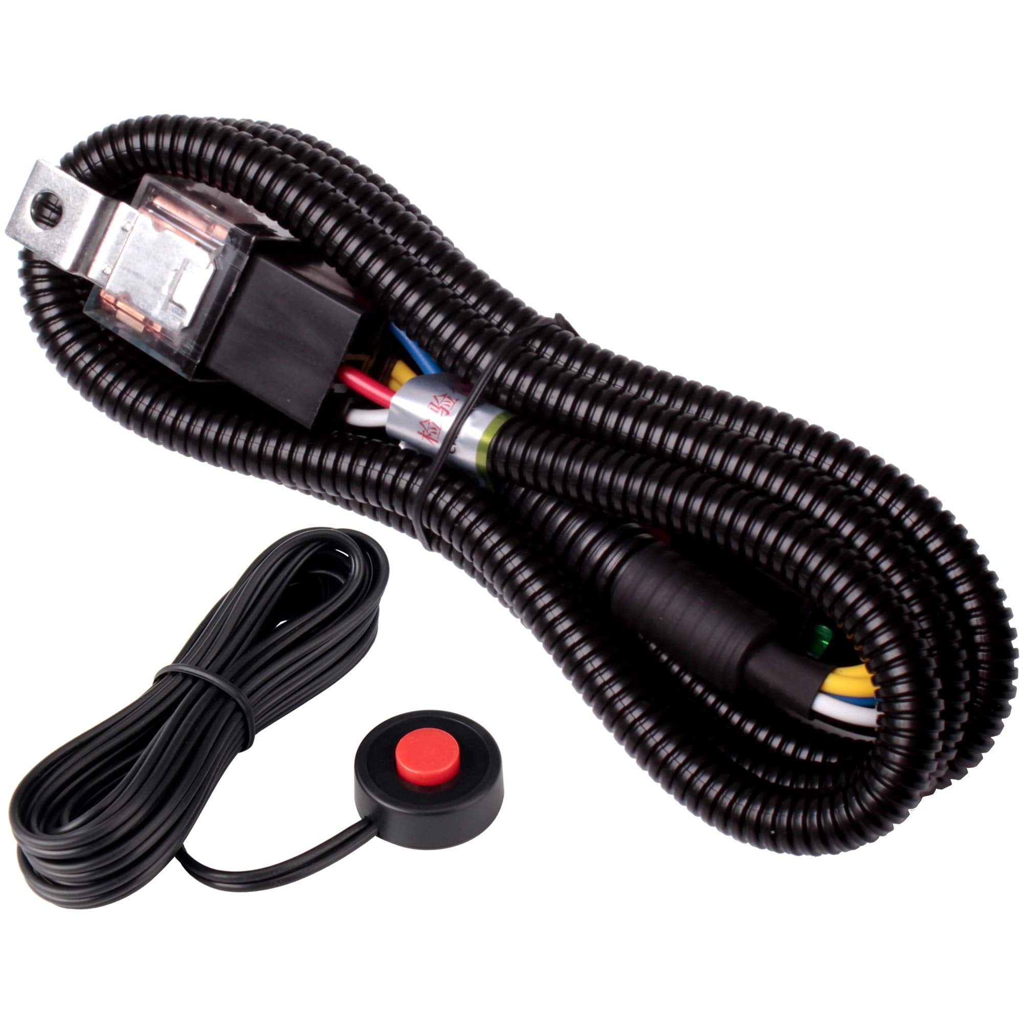 Farbin 12V Car Horn Relay Wiring Harness Kit And Horn Push Button With 3 Meters Wire (Wiring Harness+Red Spot Button, 12V)