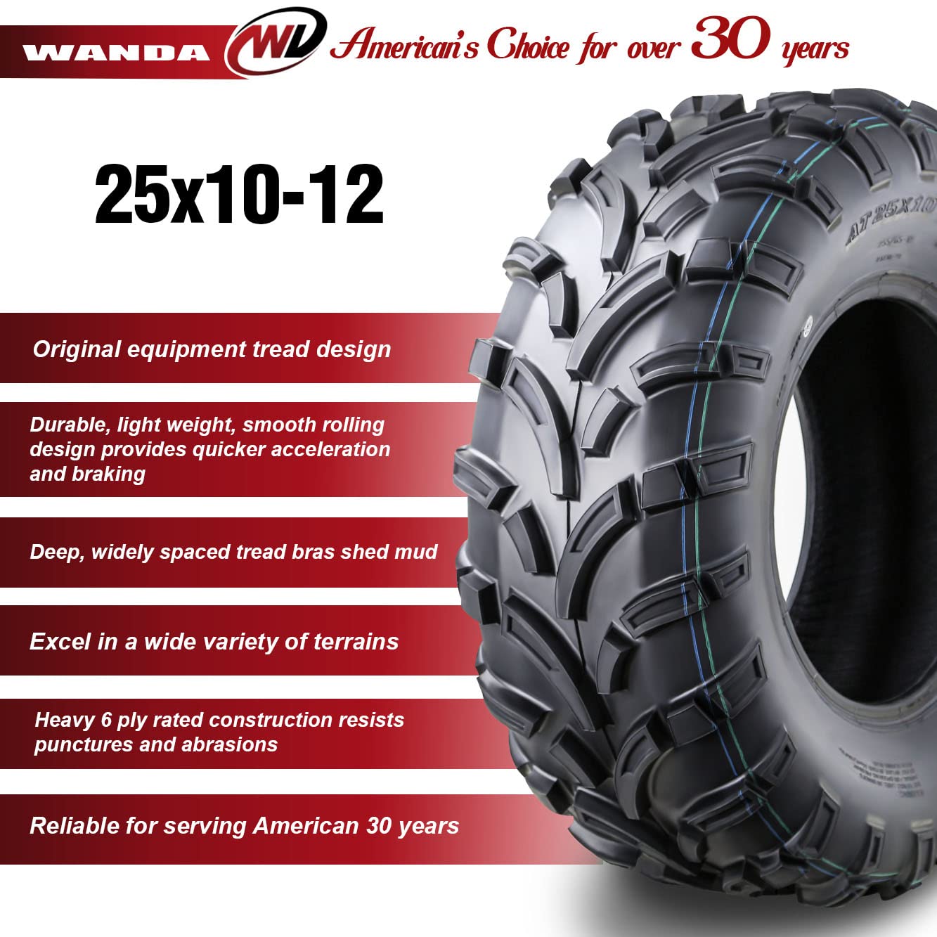 Wanda Atv Utv Tires 25X10-12 25X10X12 6-Ply Light Mud Tires, Set 2-10244