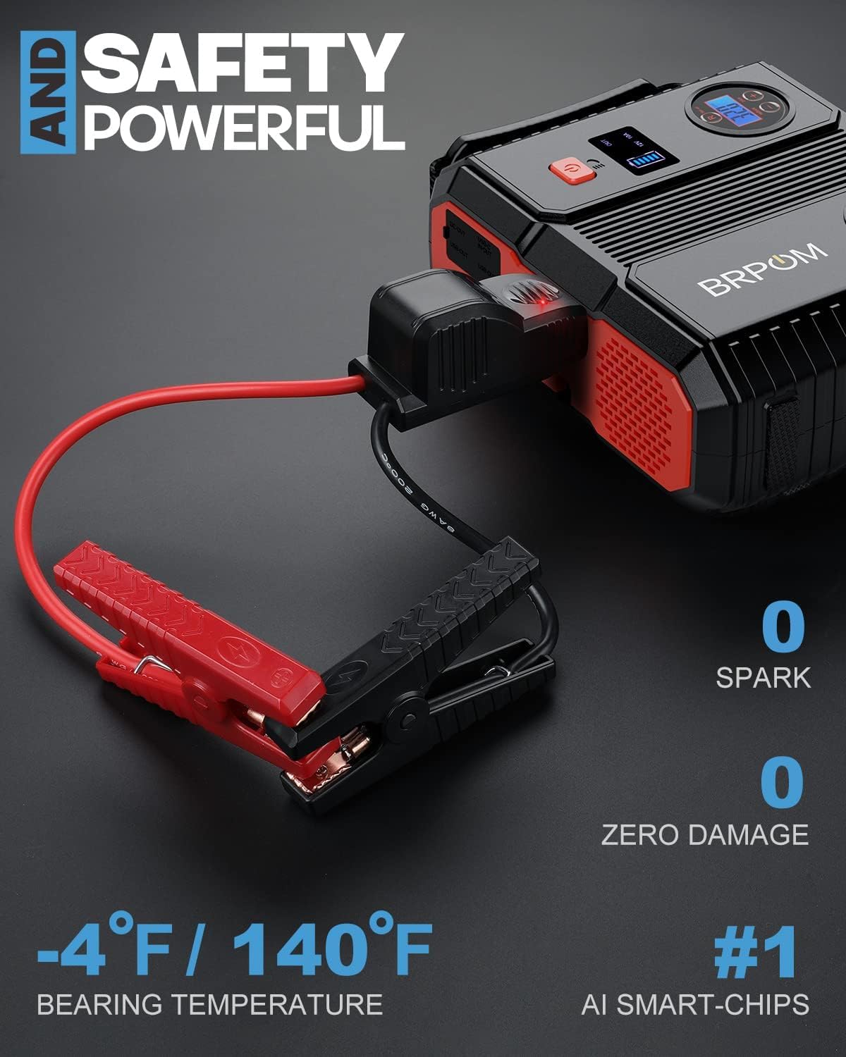 BRPOM Car Jump Starter with Air Compressor, 7000A Peak, 24000mAh, 12V Auto Battery Pack, QC 3.0, DC Output, for Gas/D