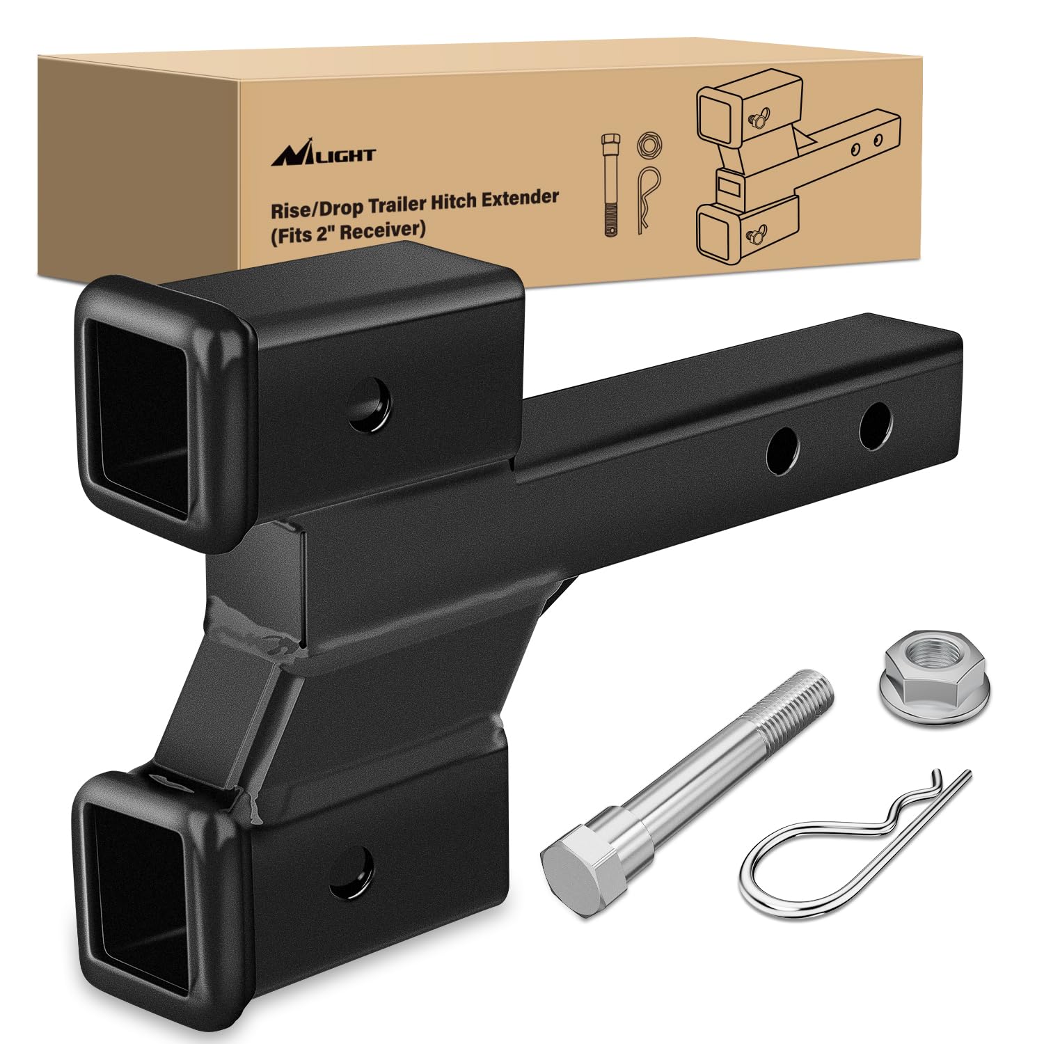 Nilight Trailer Dual Hitch Extender For 2 Inch Receiver With 2'' 4'' Rise Or Drop With Bolt Nut Clip 10,000 Lbs Capacity Adjusta