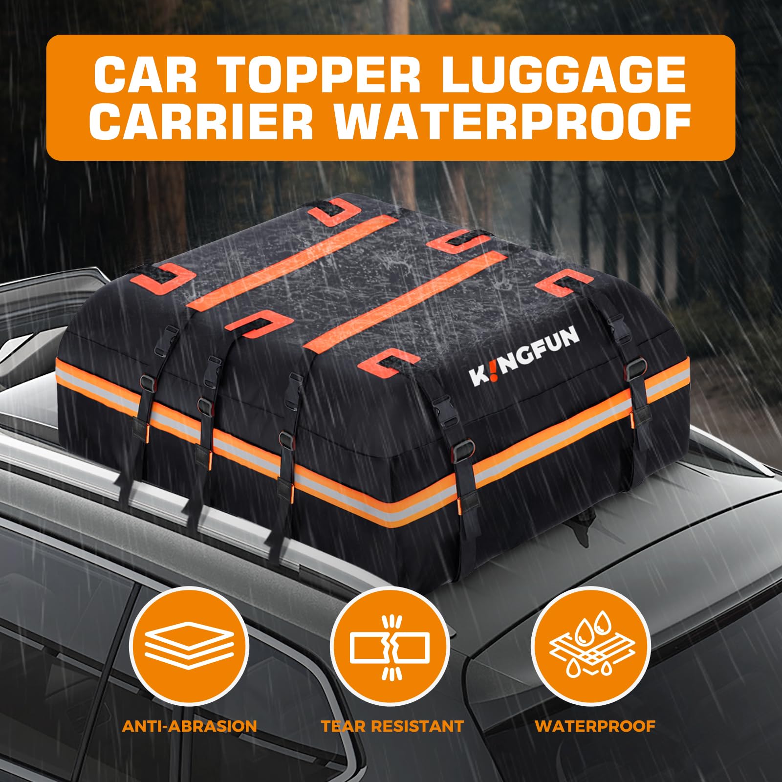 Kingfun Rooftop Cargo Carrier - Waterproof PVC Bag, 15 Cubic Feet, Includes Anti-Slip Mat, Straps & Hooks, Model CR001