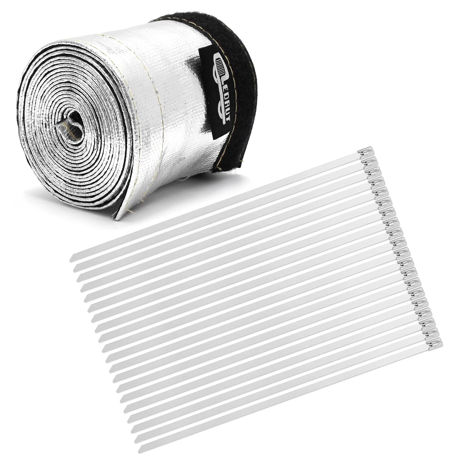 Heat Shroud Aluminized Sleeving Heat Shield Fuel Line Wire Heat Sleeve 1'' I.D. X 10Ft With 20 Pcs 7.8Inch Stainless Steel Cable