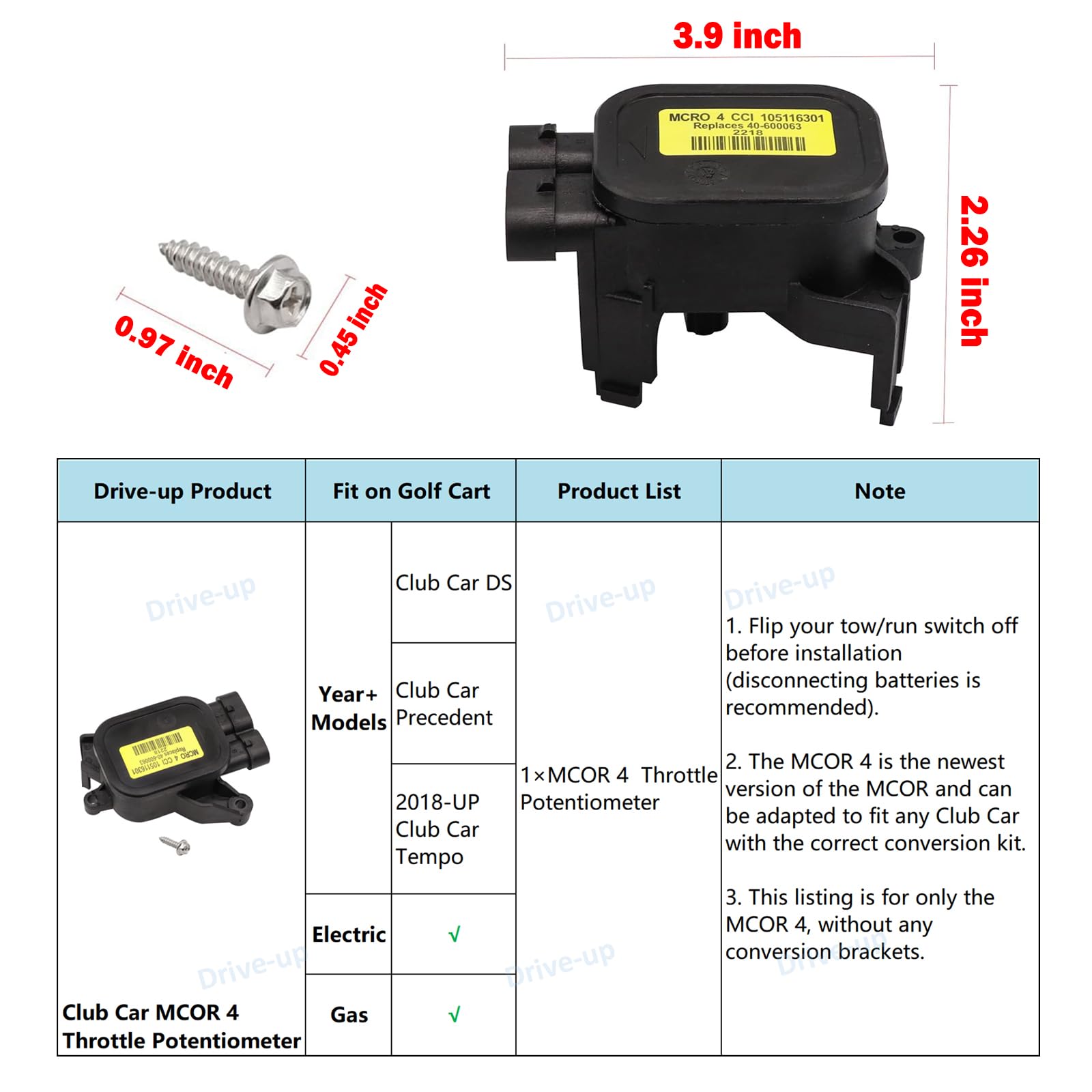 Drive-Up Mcor 4 Conversion Throttle Potentiometer-Fits Club Car Ds/Carryall/Tempo - Am293101, 105116301 (Mcor 4 Throttle Potenti