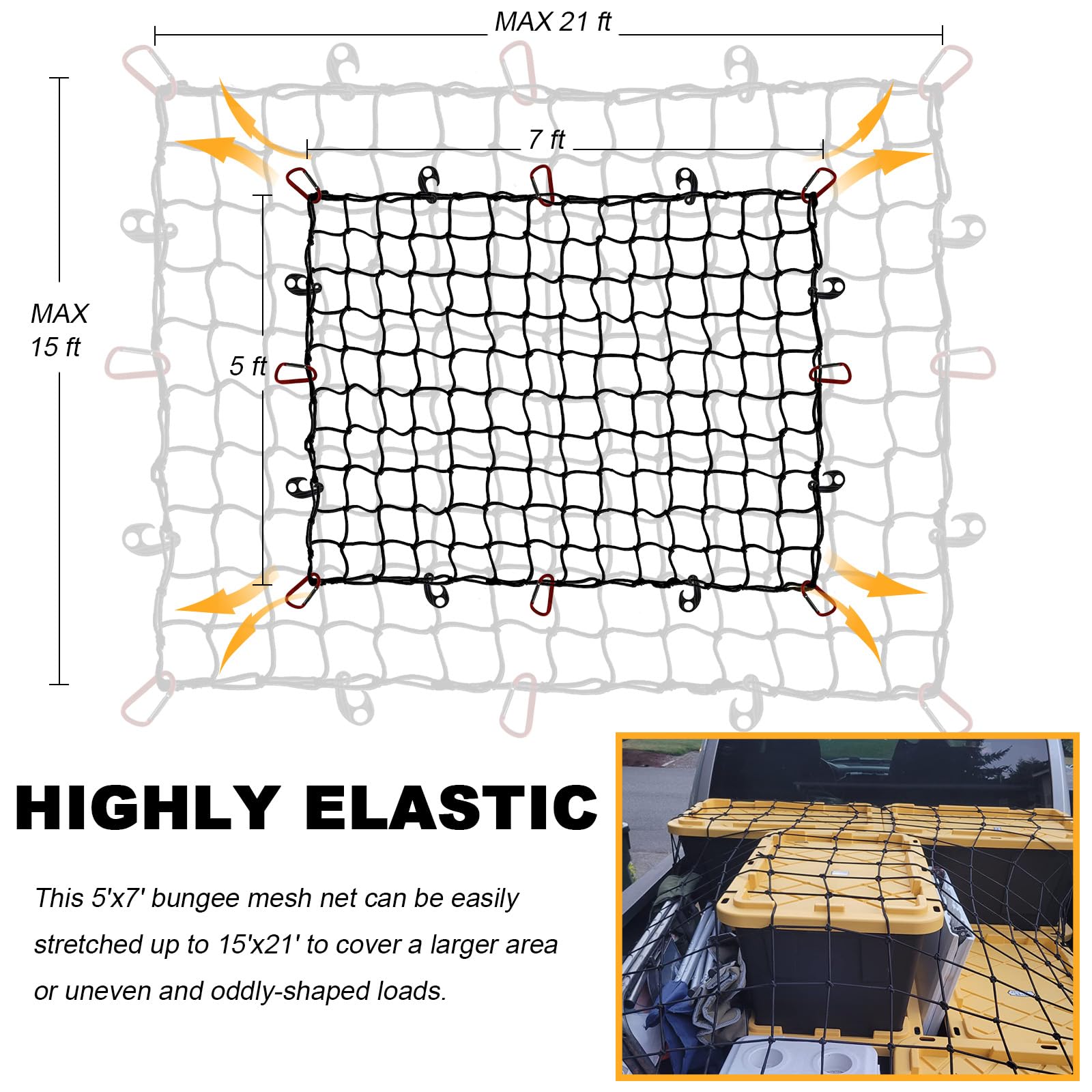 Gspscn Cargo Net 5 ' X 7 ' For Truck Pickup Bed, Trailer,Boat,Rv Suv Stretches To 15 'X21 ' Max Heavy Duty Roof Rack Net,Small 5