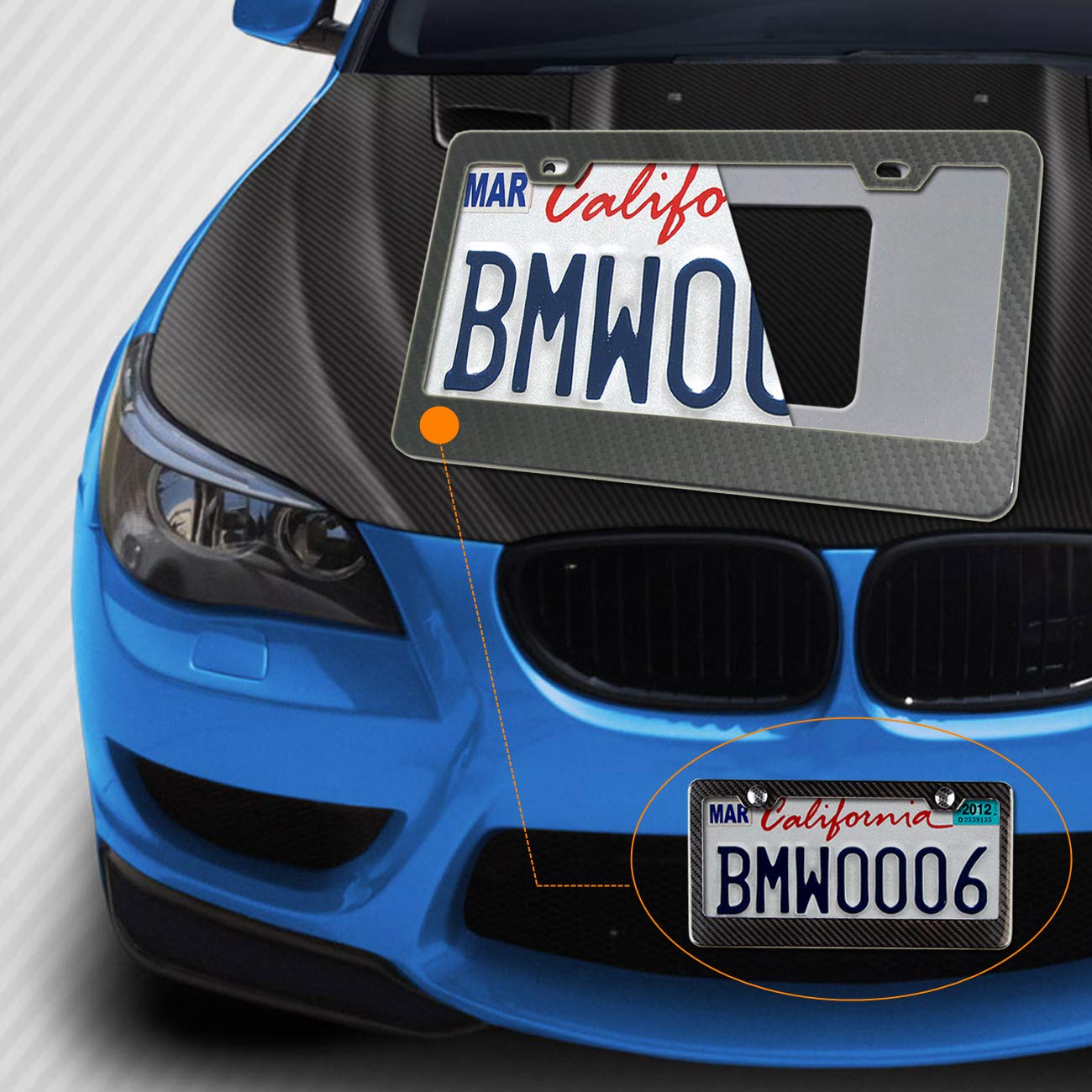 Aootf Carbon Fiber License Plate Frames - 2 Pack Black Aluminum 2 Holes Front & Rear Car Tag Cover Holder With Stainless Steel Screws, Caps And 2Pcs Anti-Rattle Foam Pads