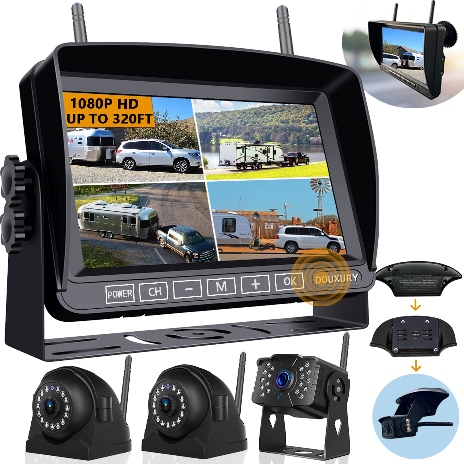 Wireless Backup Camera For Rv Truck Trailer Camper Bus 5Th Wheel 3 Rear/Side View Cameras 1080P 4-Split 7'' Screen With Adapter 