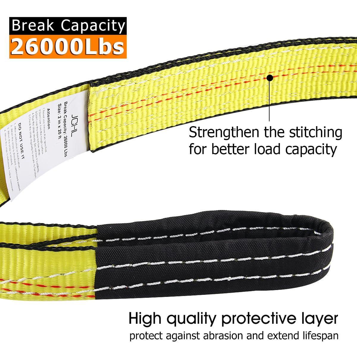 Jchl Recovery Tow Strap With Reinforced Loops 2Inx20Ft Heavy Duty 26,000Lb Break Strength Vehicle Recovery Rope For For Car Truc