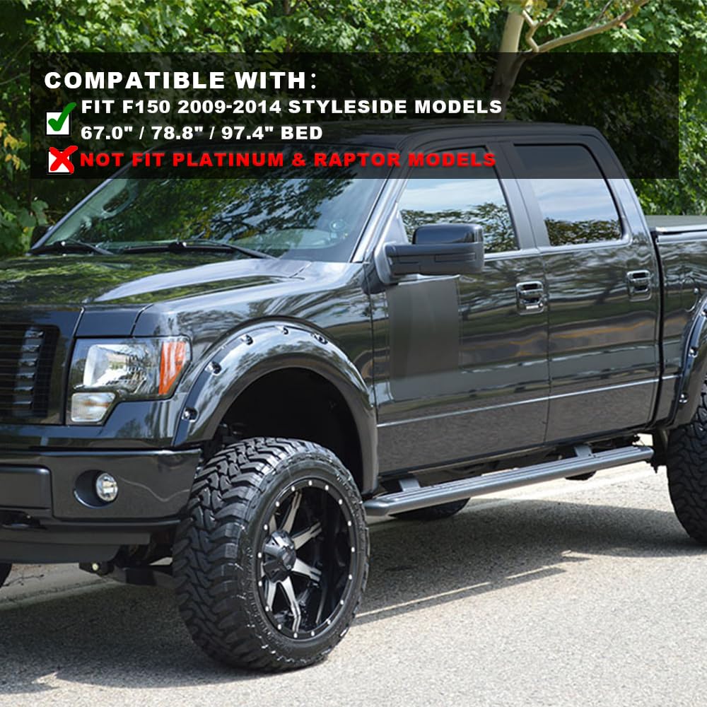 G-PLUS Pocket-Riveted Fender Flares for 2009-2014 Ford F150, Black, Polypropylene, Fits Styleside Beds 67"/78.8"/97.4"
