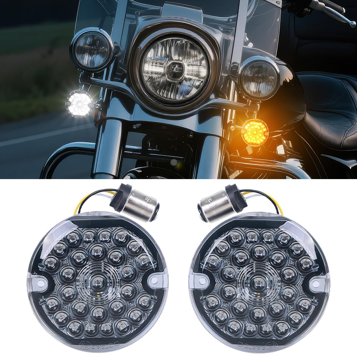 AUDEXEN LED Turn Signal Lamp, 1157 Front, Flat Smoke Lens, Amber/White, Polycarbonate for Harley Davidson Motorcycles