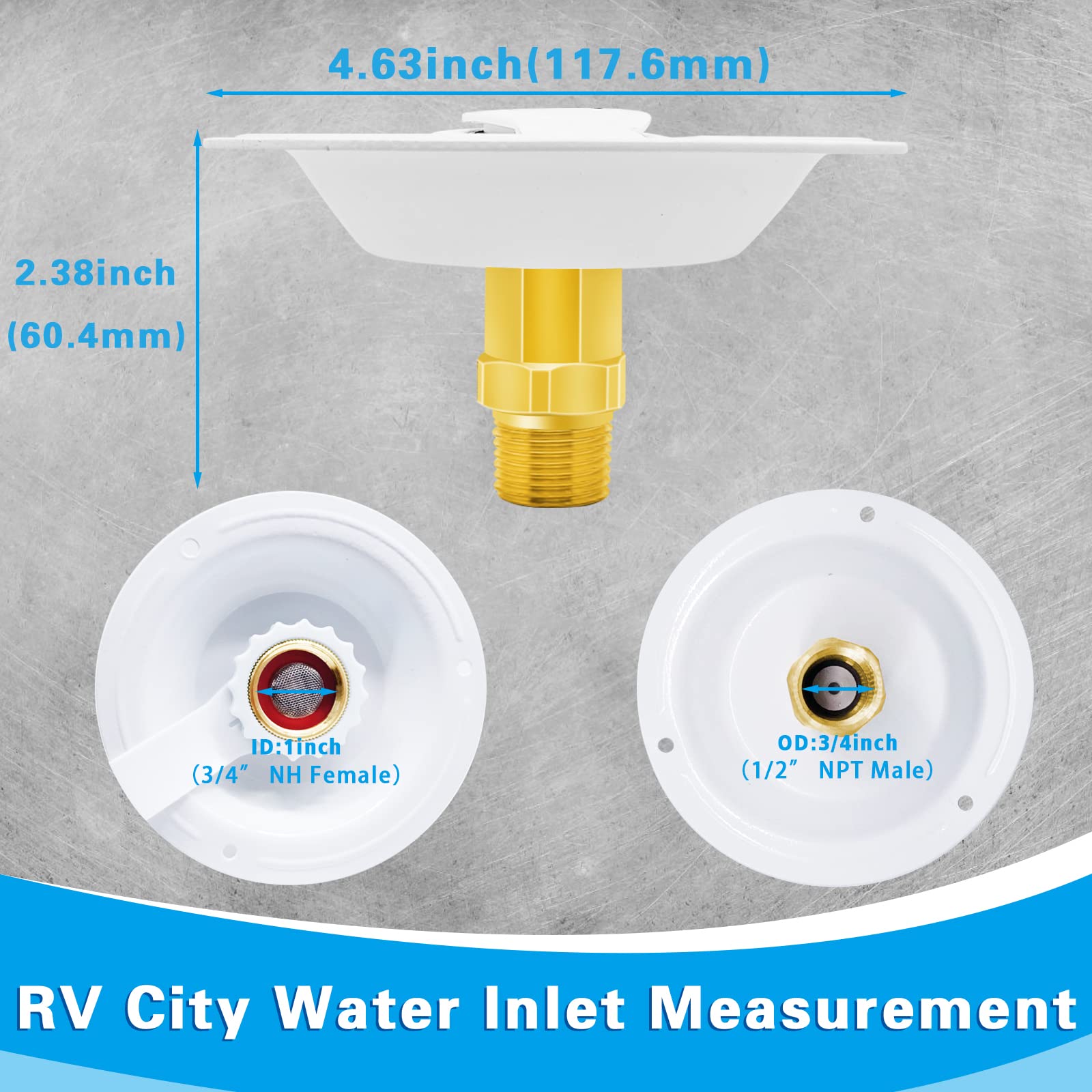 Boltigen RV City Water Inlet with Check Valve, 3/4 NH Female to 1/2 NPT, Lead-free Brass, White Big Flange