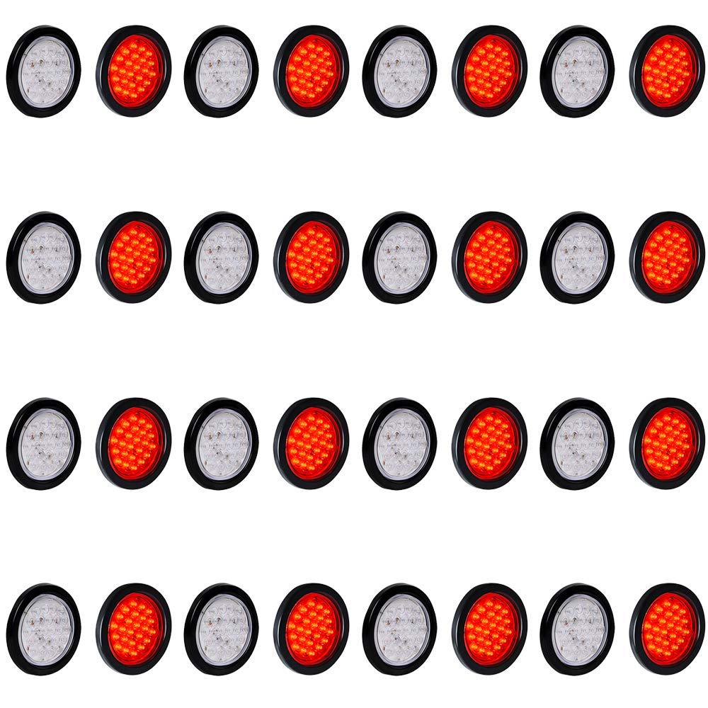 32X 4 Round 24-LED Clear Lens RED Sealed Tail Light Trailer Truck RV Brake Stop Lamps Rear Parking Taillights 12V