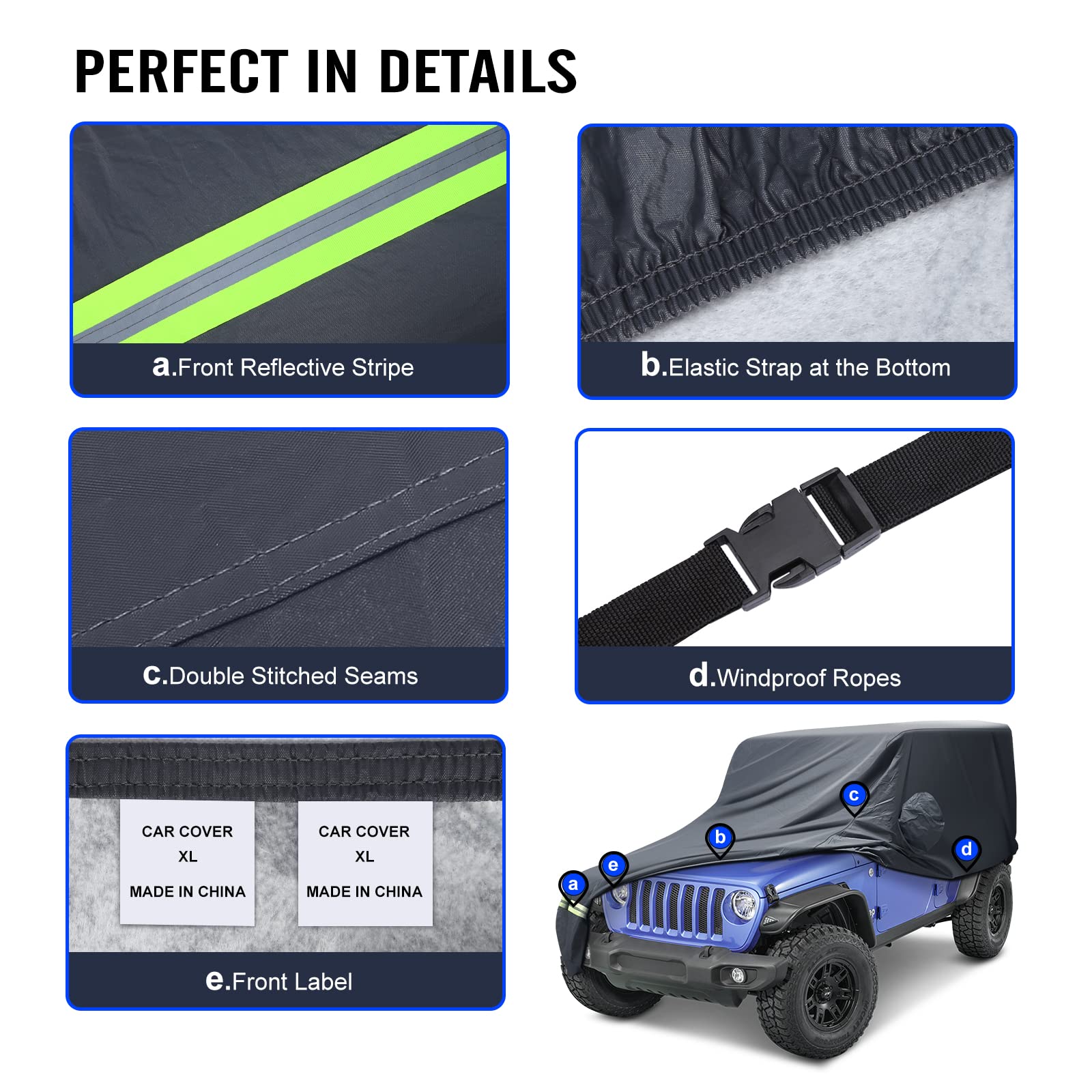 Kakit 6 Layers Covers Compatible For Jeep 2 Doors 1987-2020 Customer Fit Waterproof All Cotton Inside With Windproof Strap & Driver Door Zipper