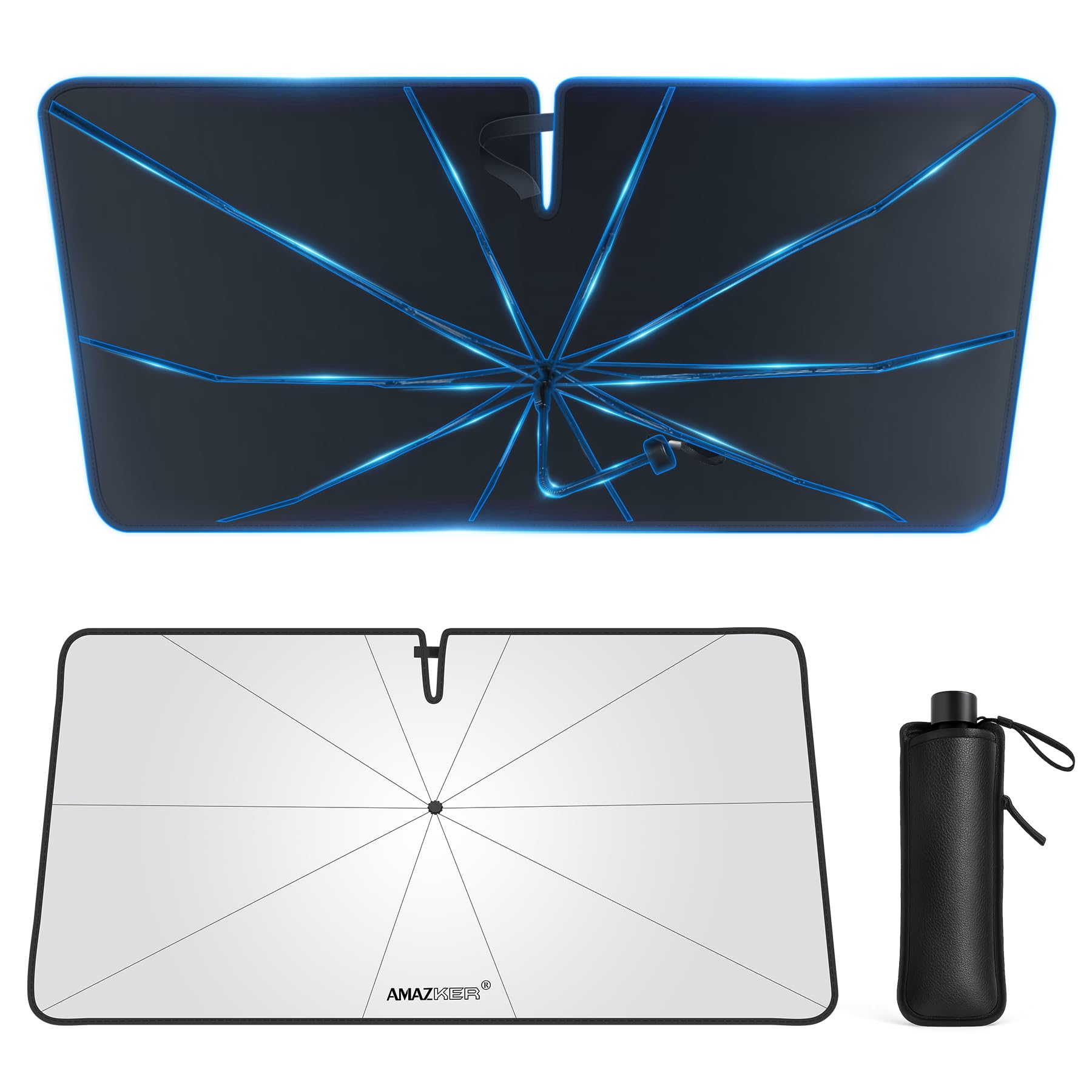 [2025 Upgrade] Car Windshield Sun Shade Umbrella - [10 Fiberglass Ribs][360 Bendable][100% Sun Block] [240T Thickened Titanium S