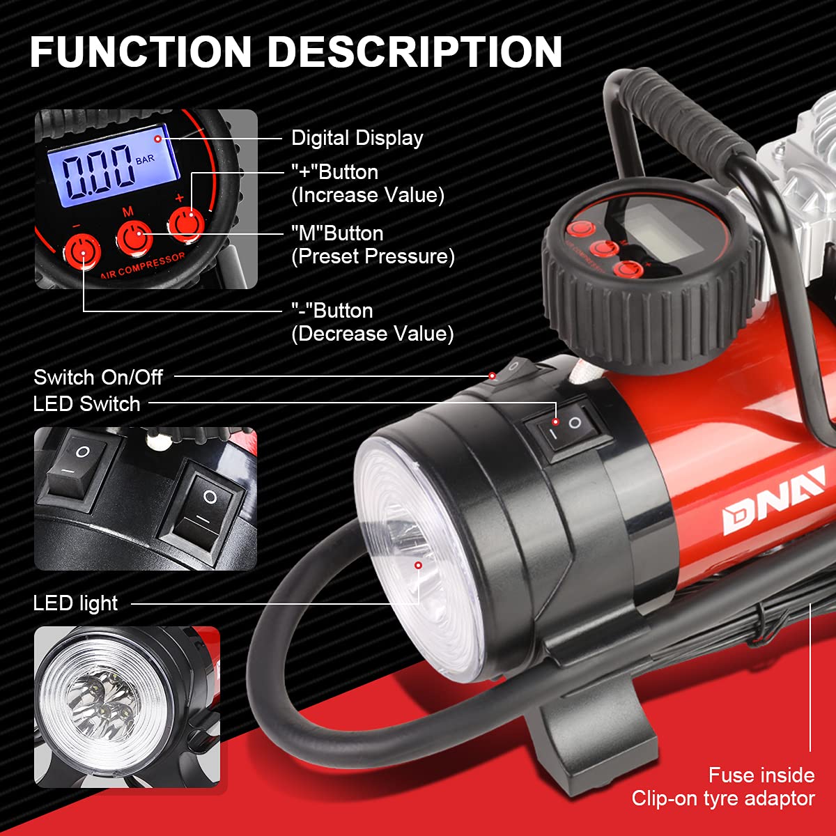 DNA MOTORING Portable Air Compressor Inflator 12V 125 PSI, Metal, Red/Black, Model TOOLS-00083 for Cars, Bikes, and Balls