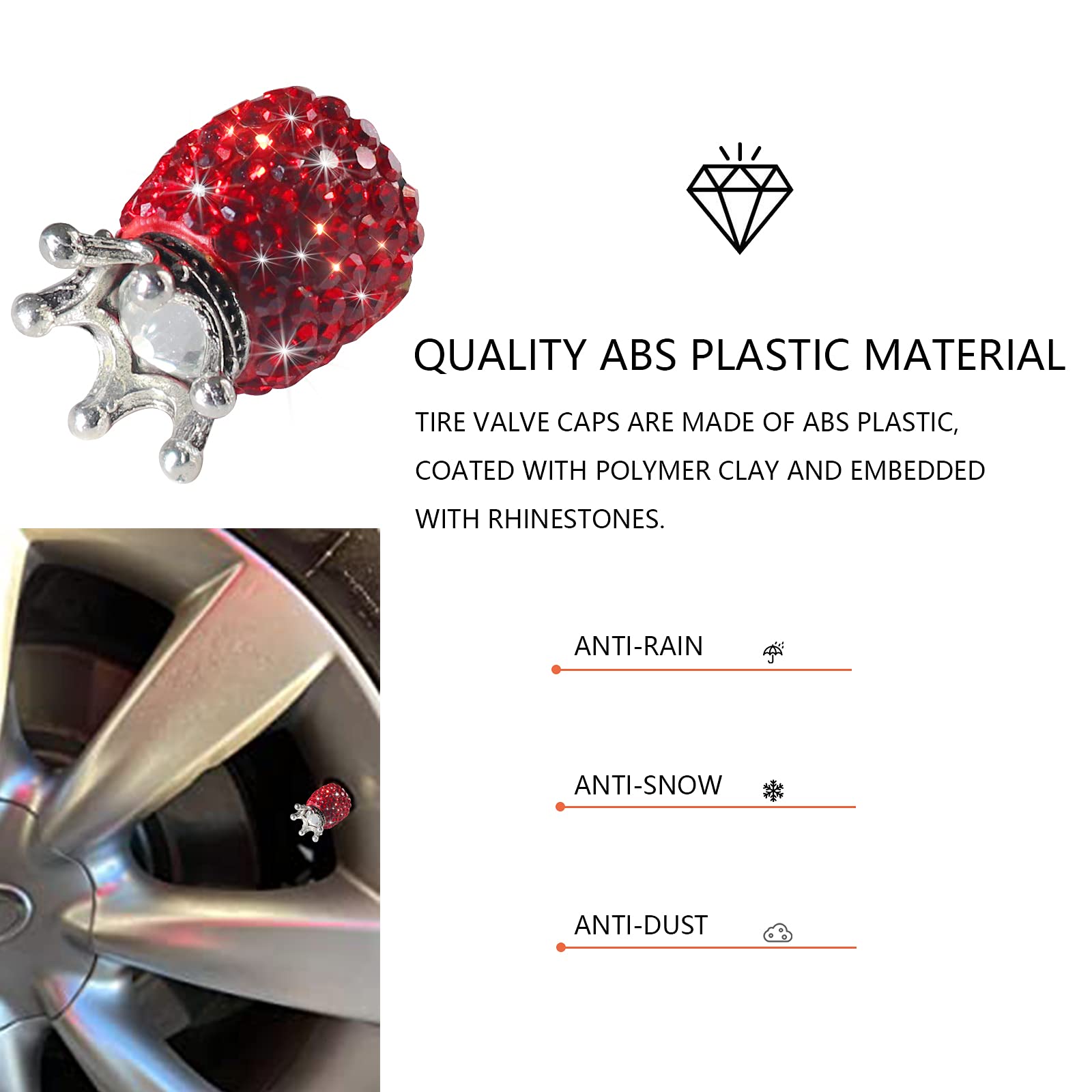 Sikawai Bling Tire Valve Stem Caps Crown Valve Caps Sparkling Handmade Crystal Rhinestone Universal Car Tire Valve Caps Chrome,A