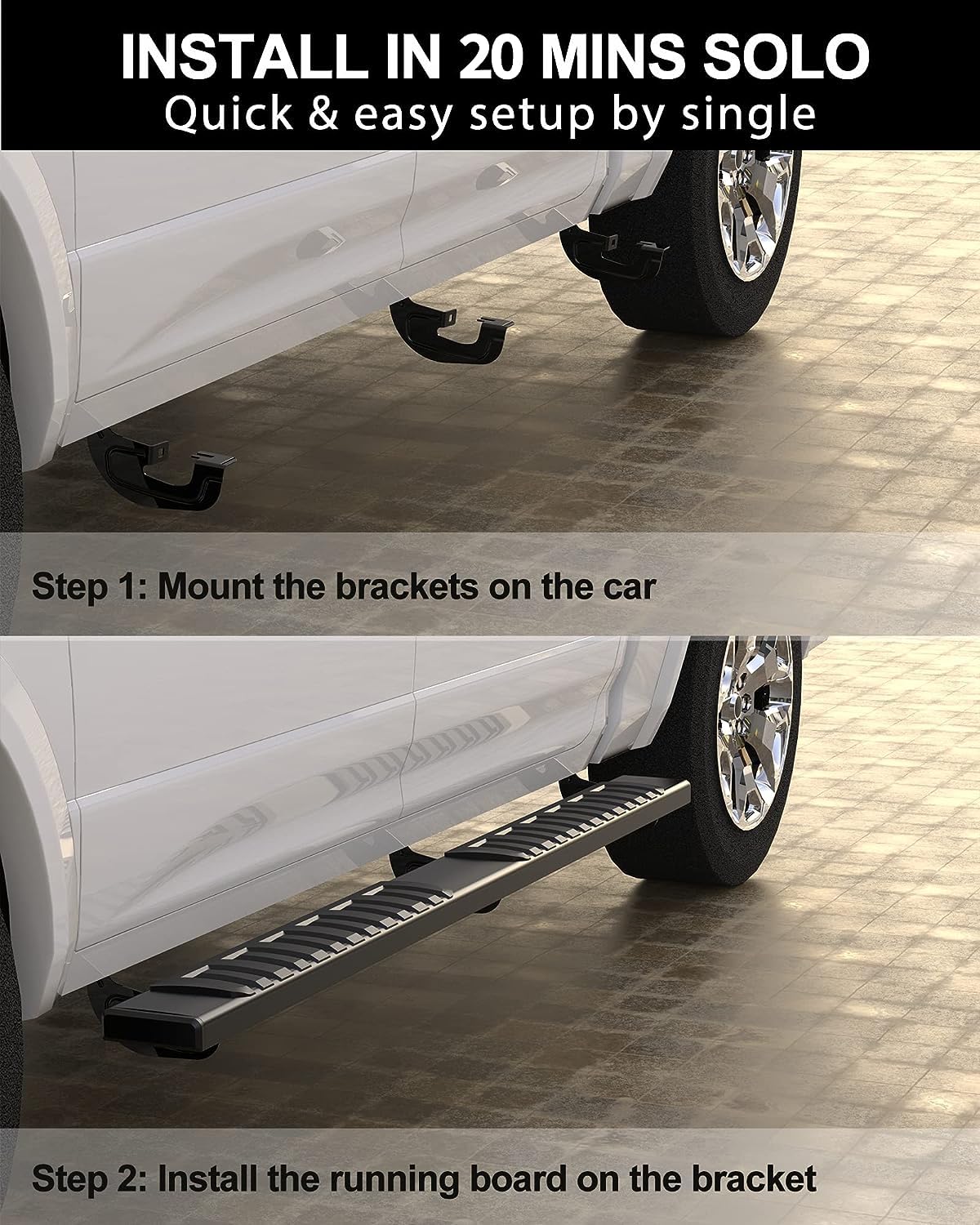KYBOLT Running Boards for 2019-2024 Dodge Ram 1500 Quad Cab, Aluminum Side Steps, Model XK-KB-PAU, Color Aluminum-Style A