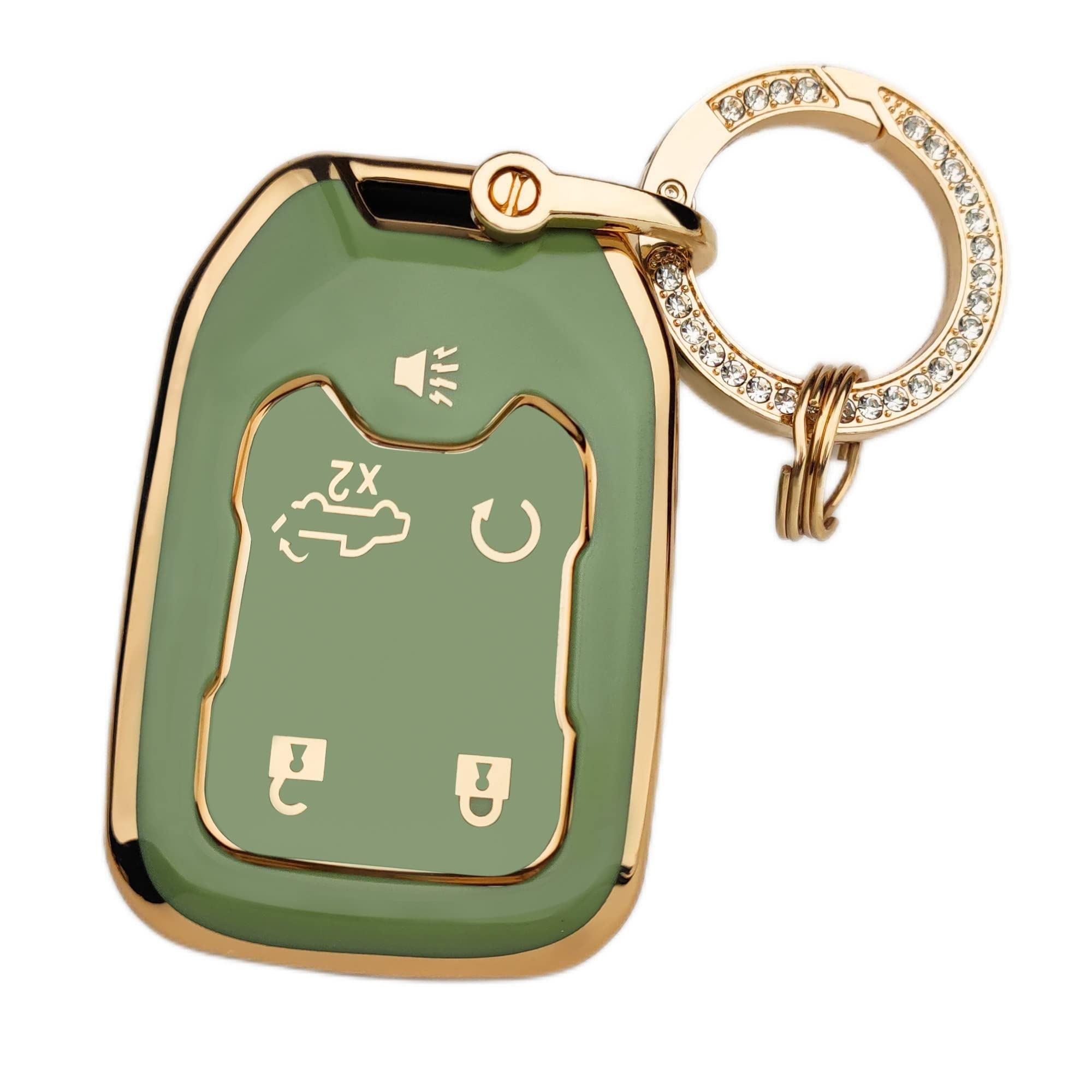 Ollen 5-Button Tpu Key Fob Cover, Fit For Gmc Acadia 2017-2025, For Terrain 2018-2025, For Sierra 2019-2025, For Chevy Silverado 2019-2022, Full Protection Soft Tpu Key Case, With Bling Ring, Green