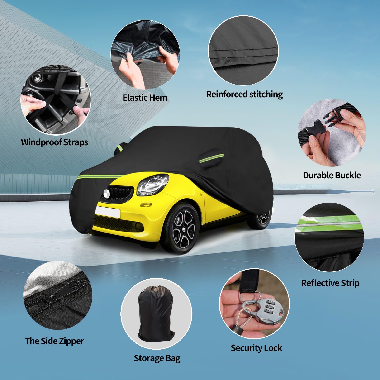 Waterproof Car Covers For 2007-2023 Smart Fortwo W451/C453/A453(Black) 210T Custom 6 Layers Heavy Duty Waterproof All Weather Pr