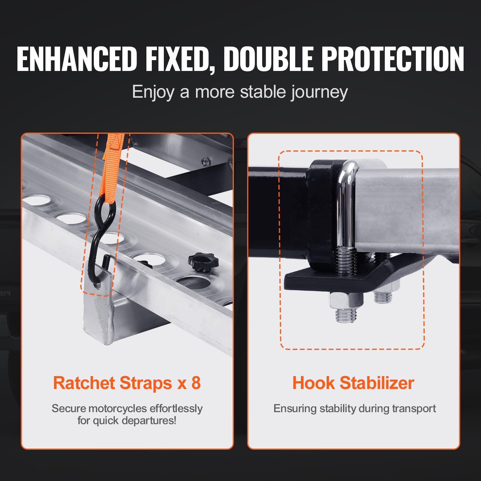 VEVOR Motorcycle Carrier for 2 Bikes, 600 lbs Aluminum, 47in Ramp, Silver, Model TD-1004-08, Hitch Mount for Car/Truck