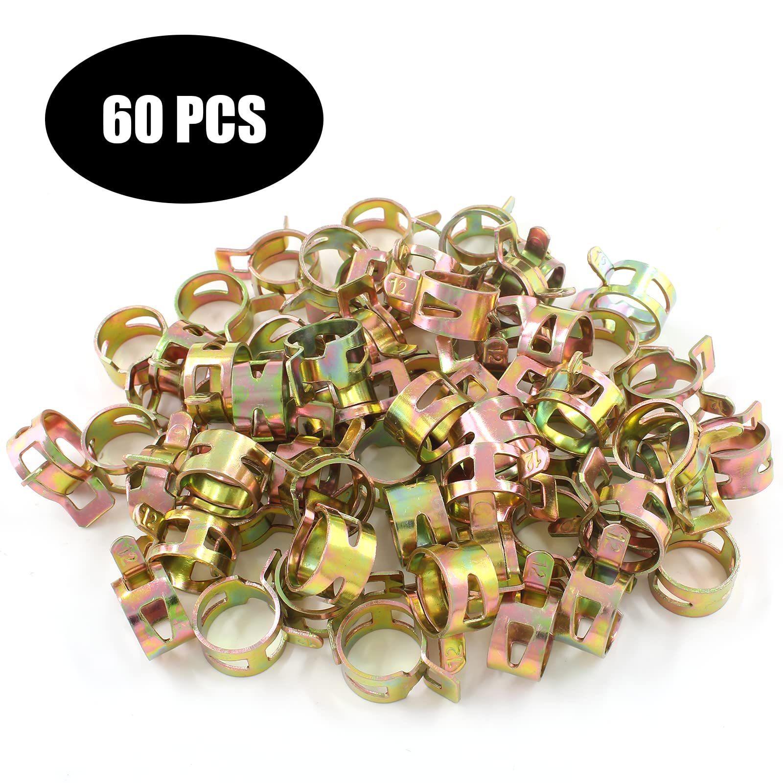 Rierdge 60 Pcs 12Mm Id Spring Band Type Clamps, 1/2'' Fuel Hose Clamps Fasteners, Golden Spring Hose Clip For Fuel Hose Line Wat