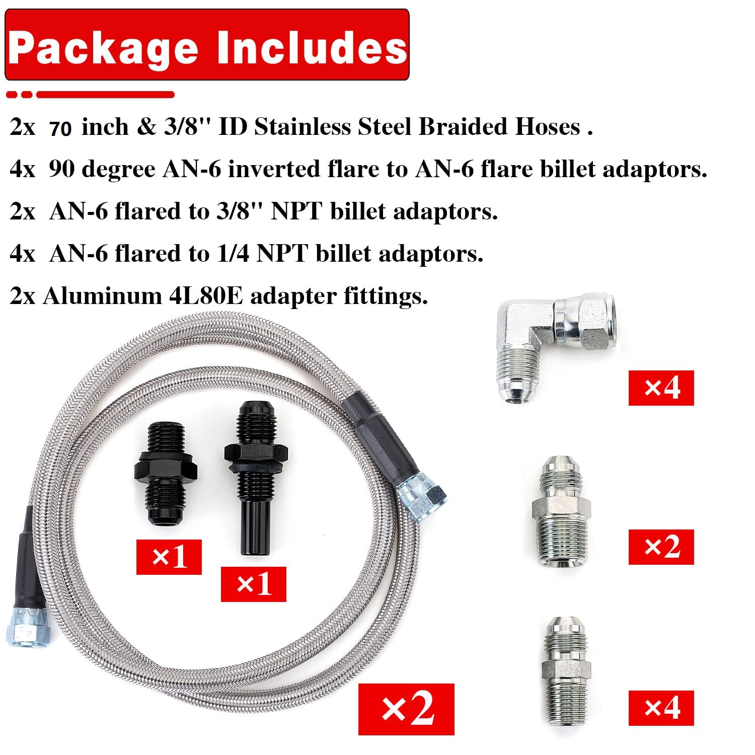 6AN 70'' Transmission Cooler Hose Kit Lines Fitting Kit for GM Chevy 1996-2021 4L80E, for Ford C4-C6-AOD, for Turbo 350/400/200-