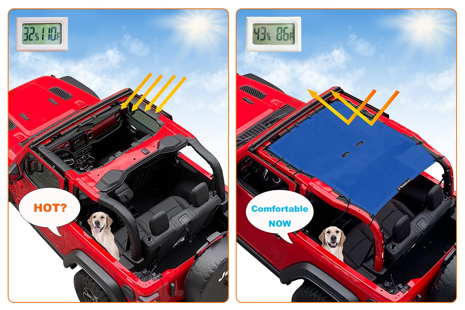 Shadeidea Jeep Wrangler Sunshade Top JL 2018-2023, Blue UV Blocker, Polyester, Front & Rear, Model IDSJL2DFBBU