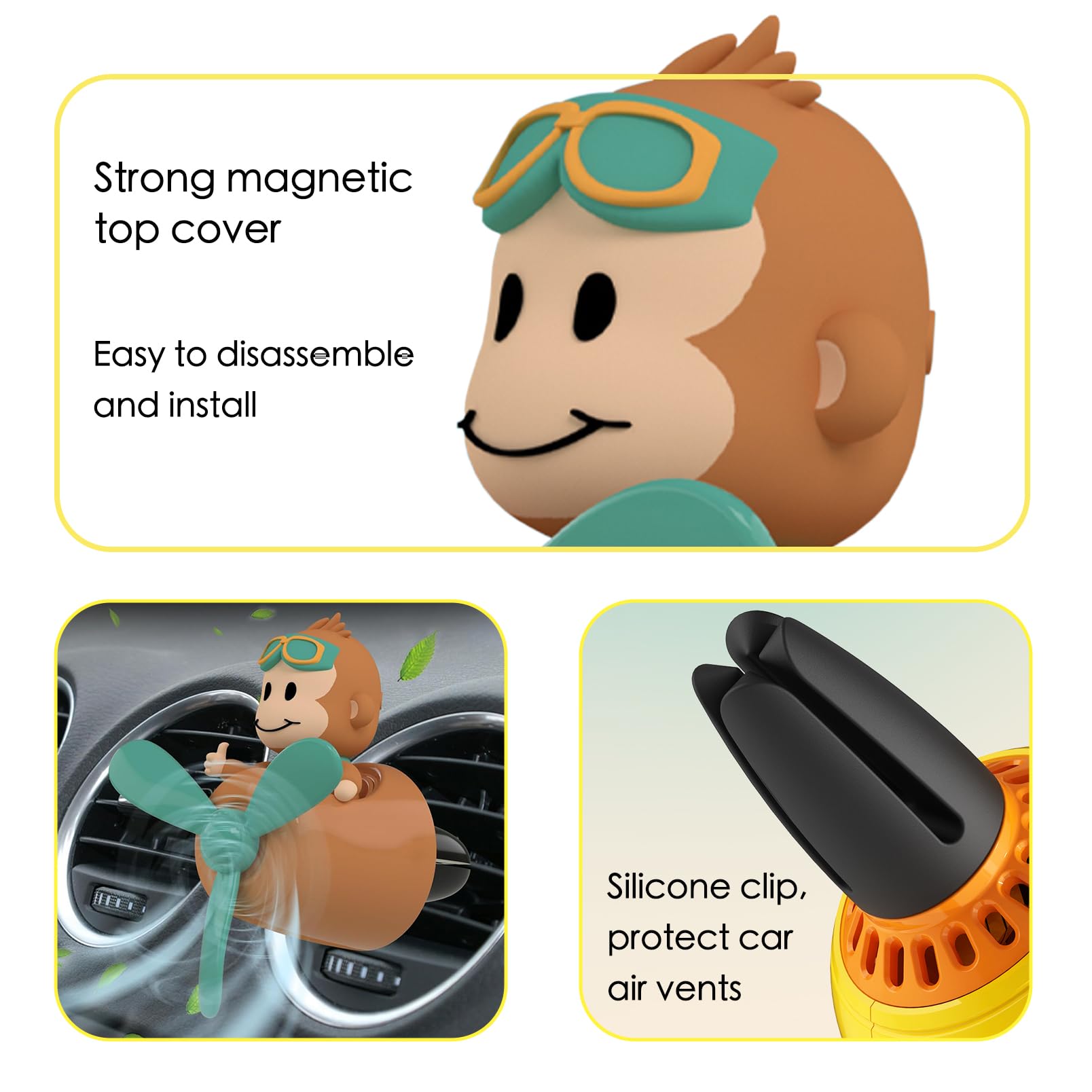 Yokosea Pilot Monkey Car Diffuser - Rotating Propeller Air Freshener - 1 Count Automotive Perfume Decoration