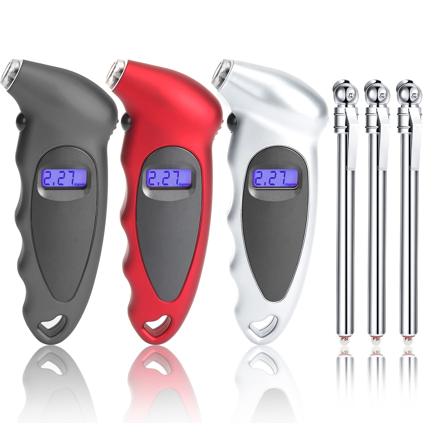 Frienda 3 Pcs Digital Tire Pressure Gauge Backlight LCD Car Pencil Air Pressure Gauge Heavy Duty Chrome Metal Head Stainless Ste