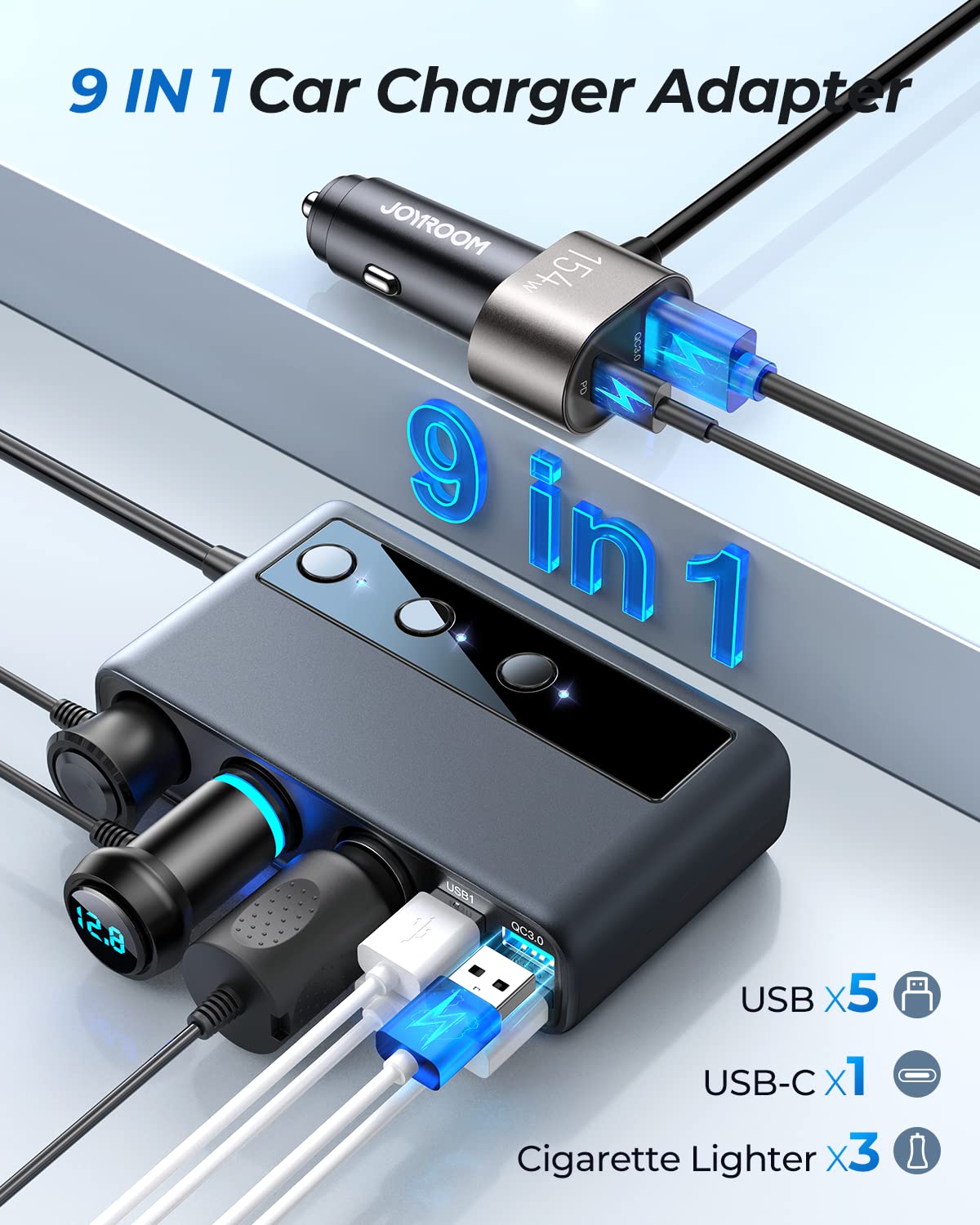 JOYROOM 9 in 1 Cigarette Lighter Splitter Car Charger Adapter, 154W PD/QC 3.0, Black, JR-CL06, 12V/24V
