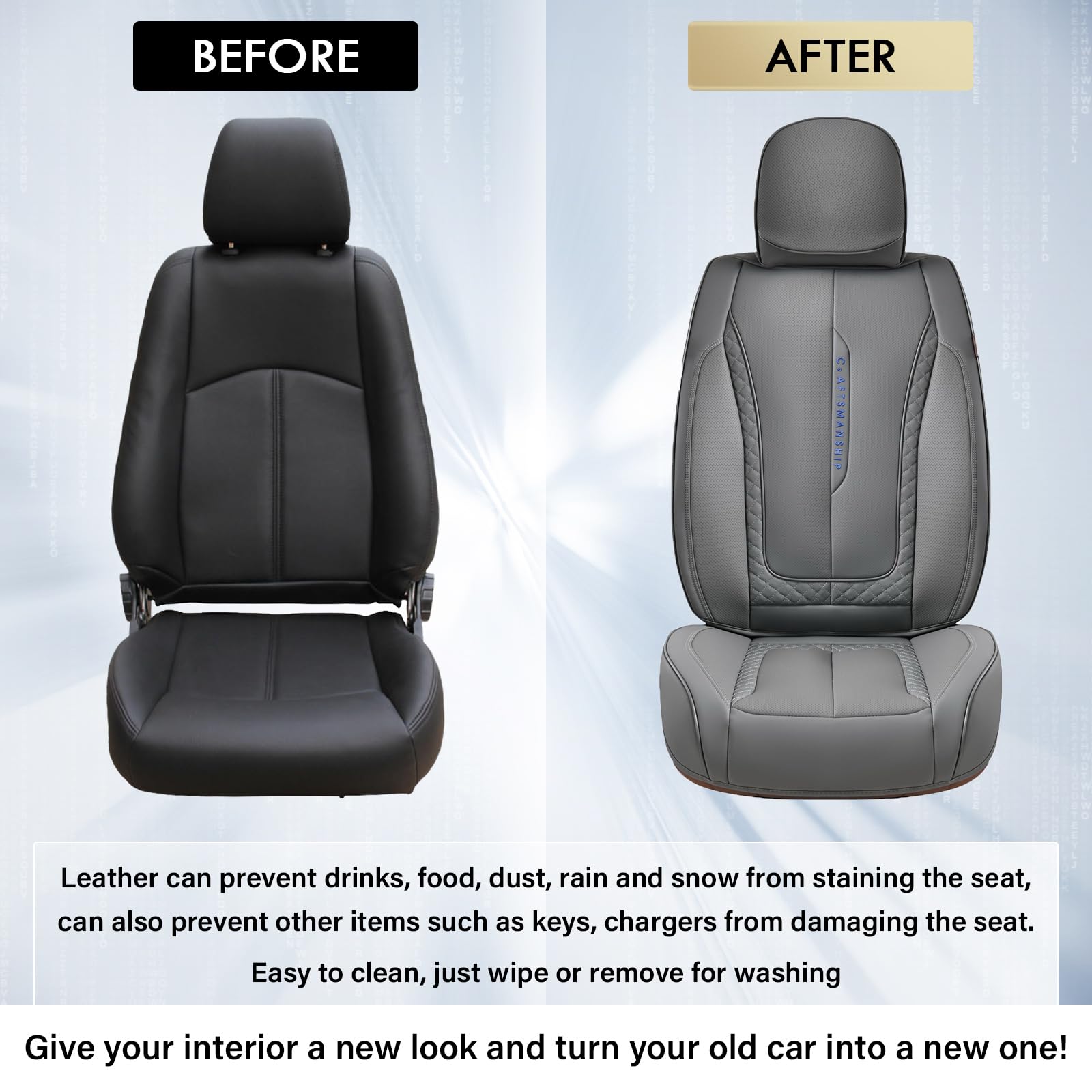 Coverado Car Seat Cover Full Set, Nappa Leather, Waterproof, Gray, Model SCU005, Universal Fit for Most Cars
