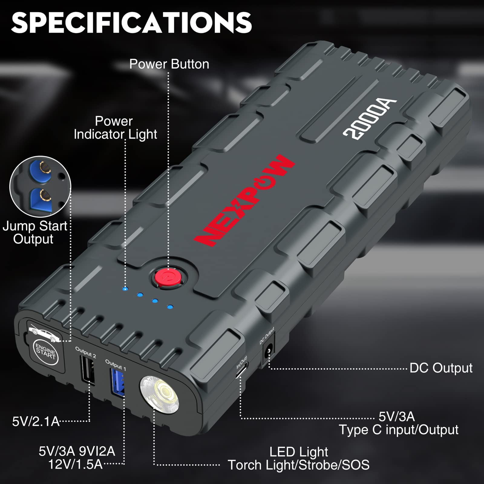 NEXPOW 2000A Peak Car Battery Jump Starter, USB Quick Charge 3.0, 12V Portable Booster, Gray, Model G17