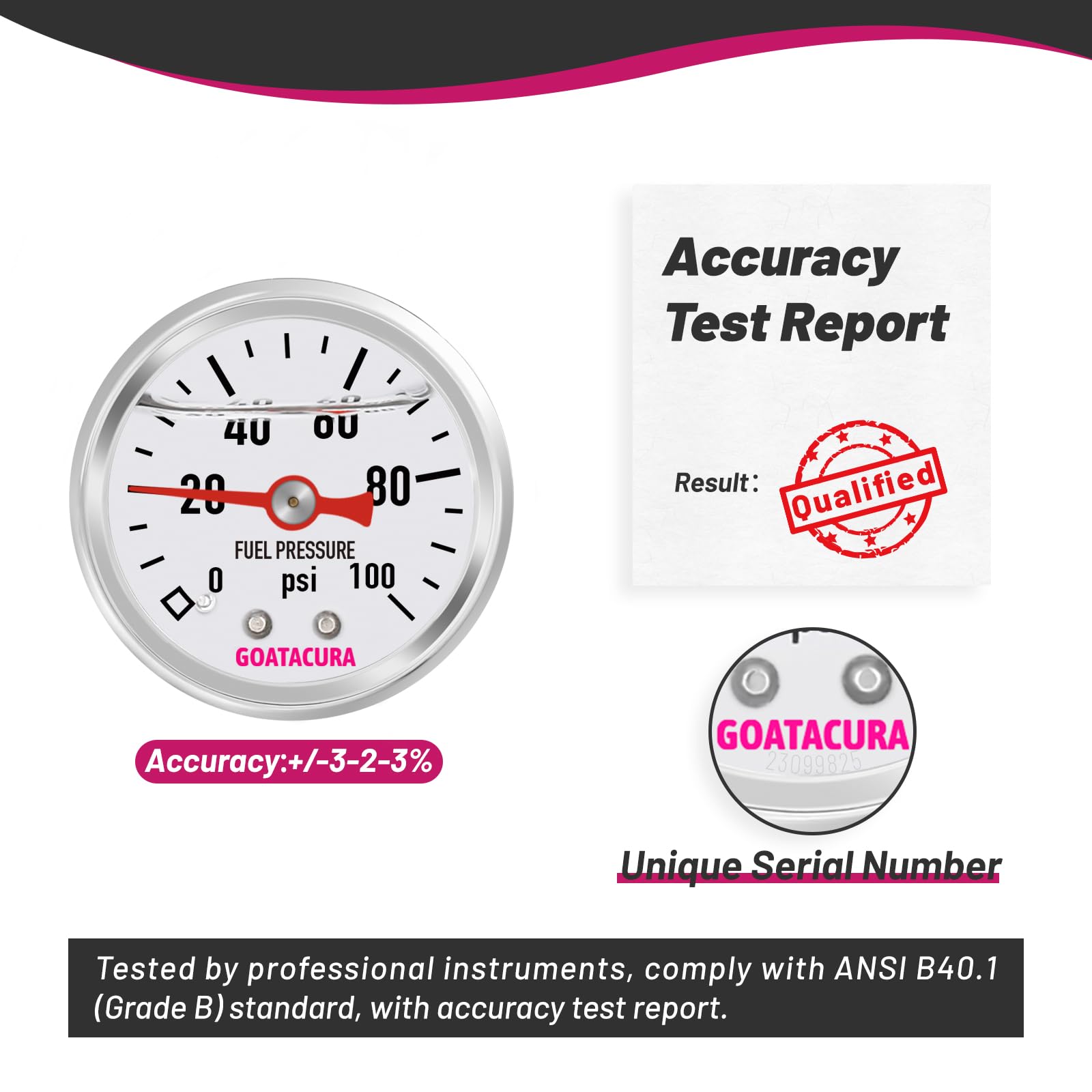 Goatacura 0-100Psi Glycerin Filled Fuel Pressure Gauge, 1-1/2'' Dial Size, 304 Stainless Steel Case, 1/8'' Npt Center Back Mount