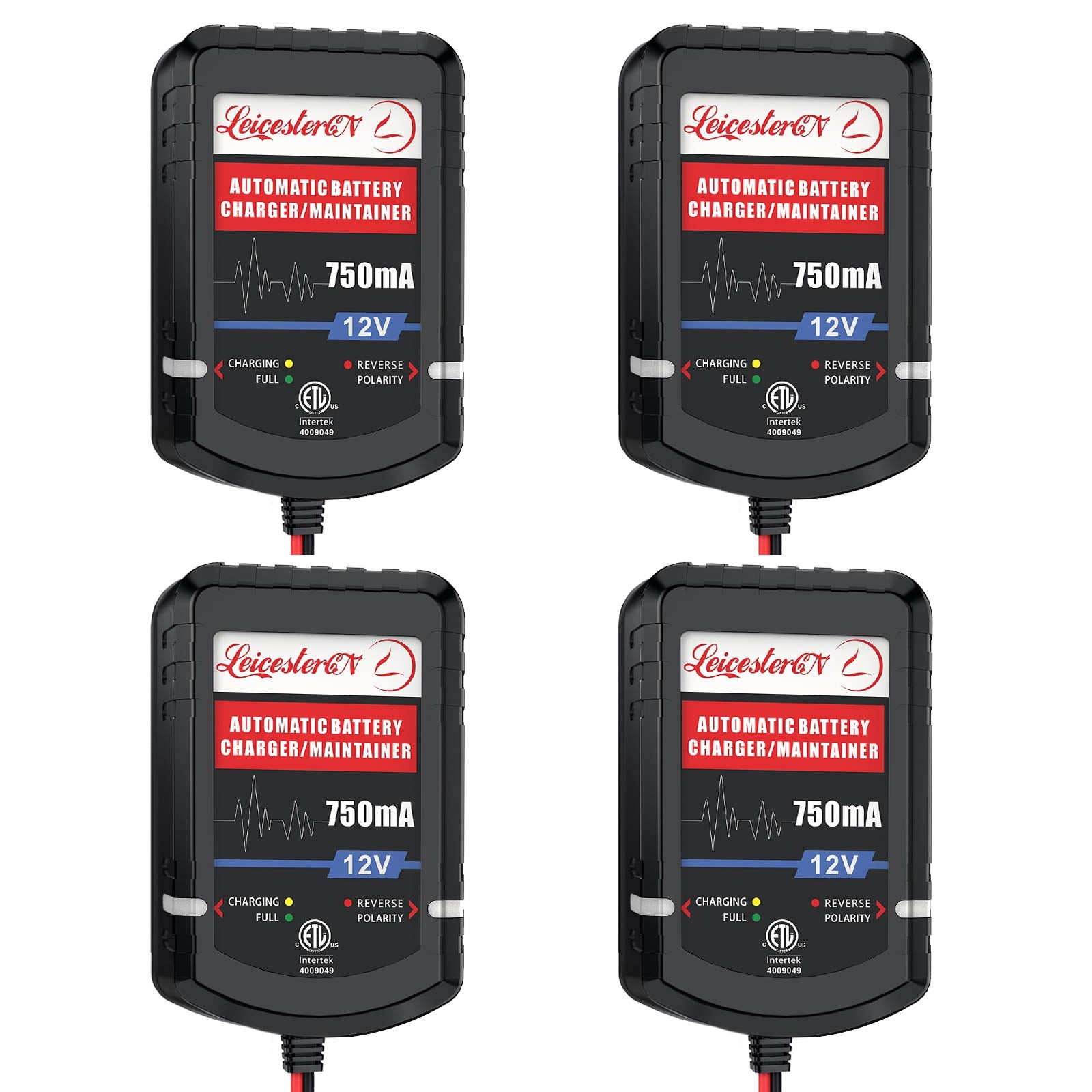 [4-Pack] LEICESTERCN Automatic Trickle Battery Charger Maintainer 12V 750mA Smart Float Charger for Car Motorcycle Lawn Mower Tr