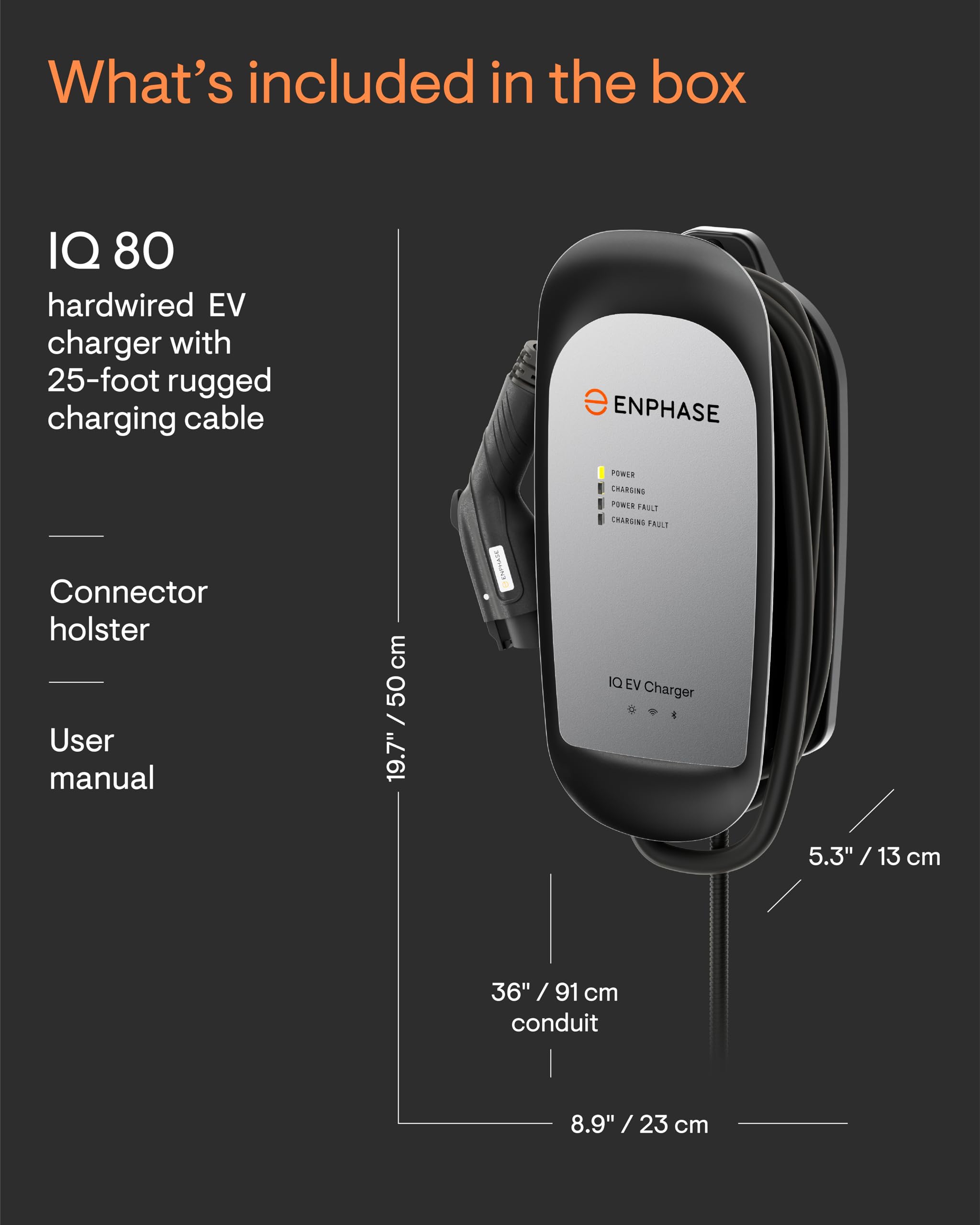 Enphase Energy 64 Amp Smart EV Charger - Hardwired 15.4kW, Wi-Fi Connected, 25ft Cable, Black, Model IQ-EVSE-NA-1080-