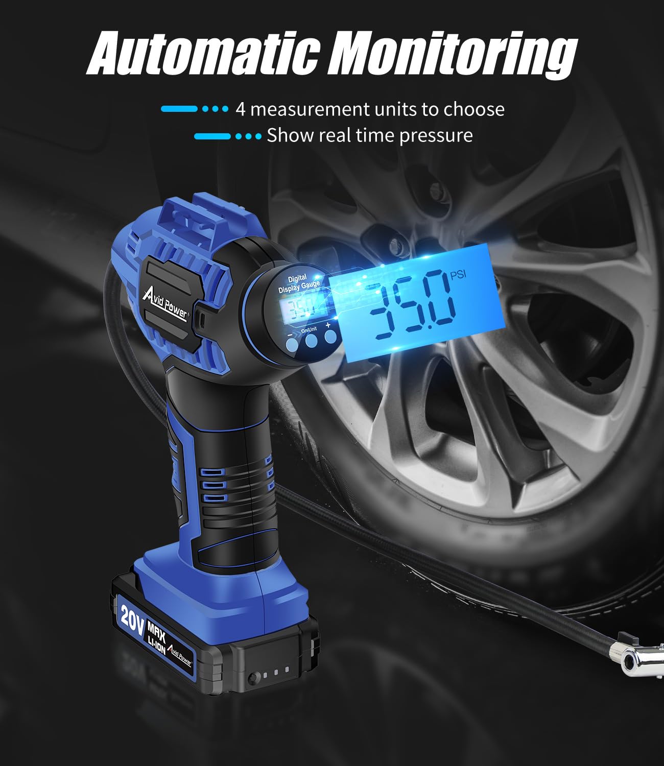 AVID POWER 20V Cordless Tire Inflator with Digital Pressure Gauge, 12V Car Adapter, Portable Air Pump - Blue, Model ACAP115D-B