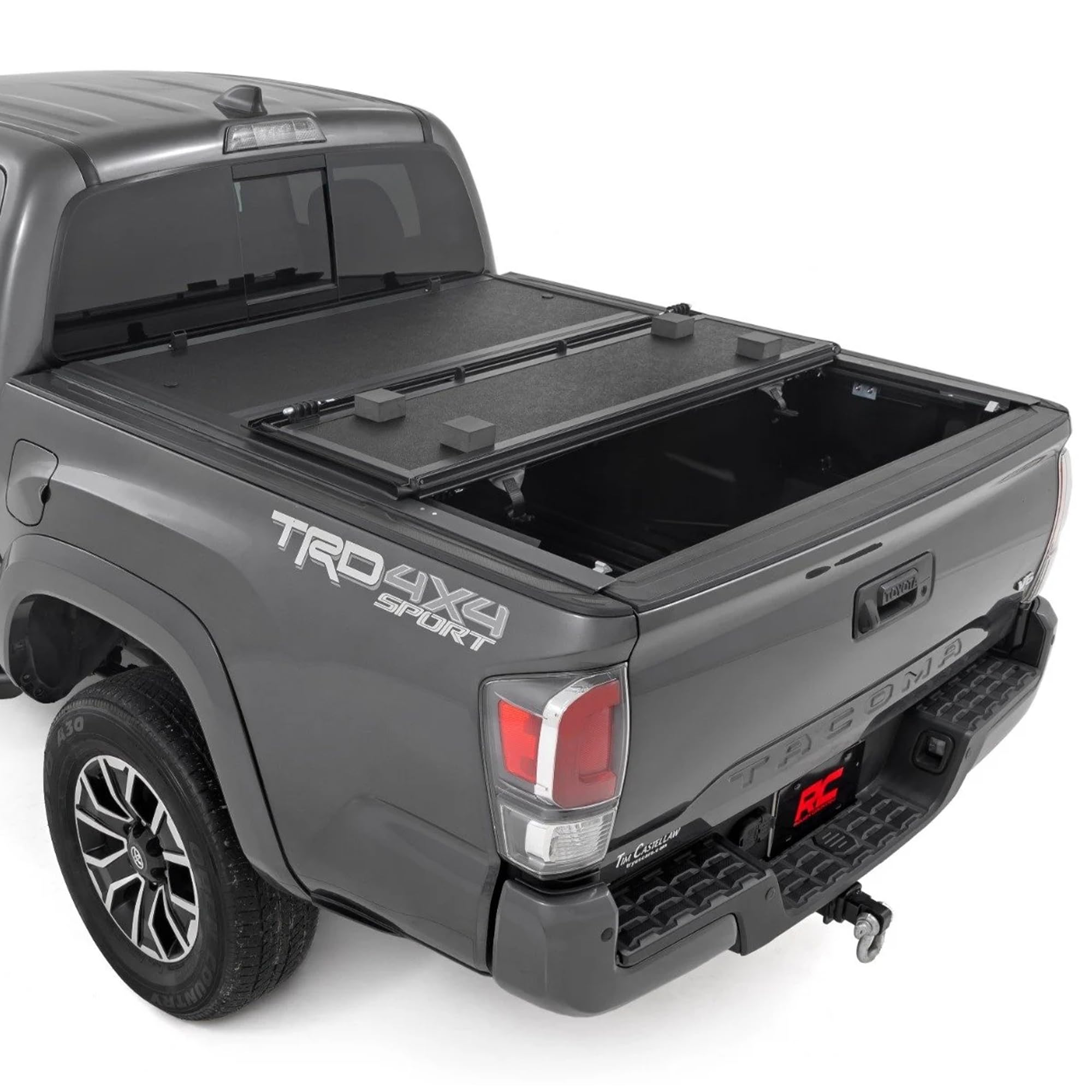 Rough Country Hard Tri-Fold Tonneau Cover for Toyota Tacoma (2016-2023) - Low-Profile Aluminum Truck Bed Cover, Fits 5' Bed (60.